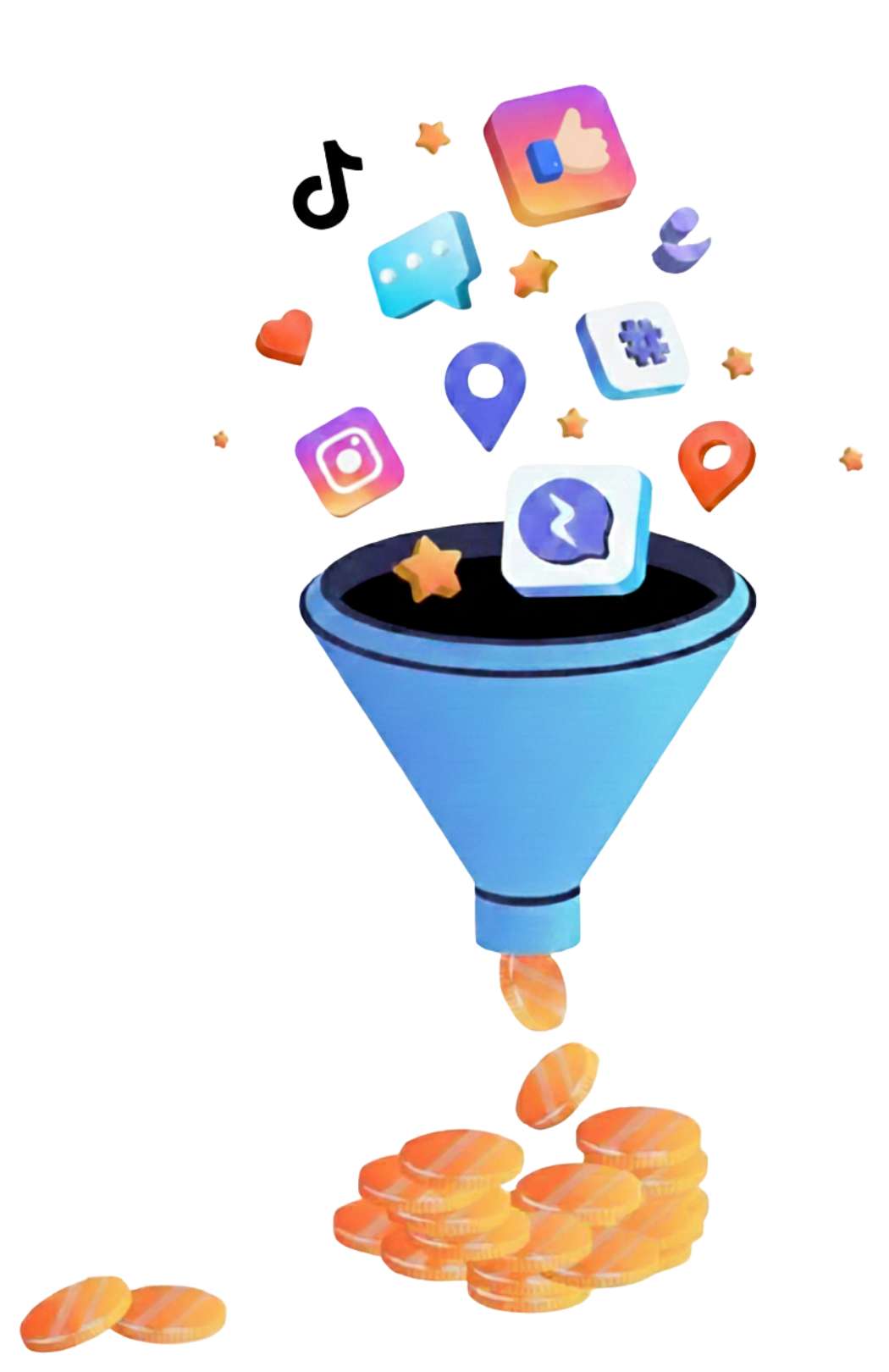 Digital marketing funnel graphic, illustrating how influencer strategies drive engagement and convert social media activity into revenue via campaign optimization