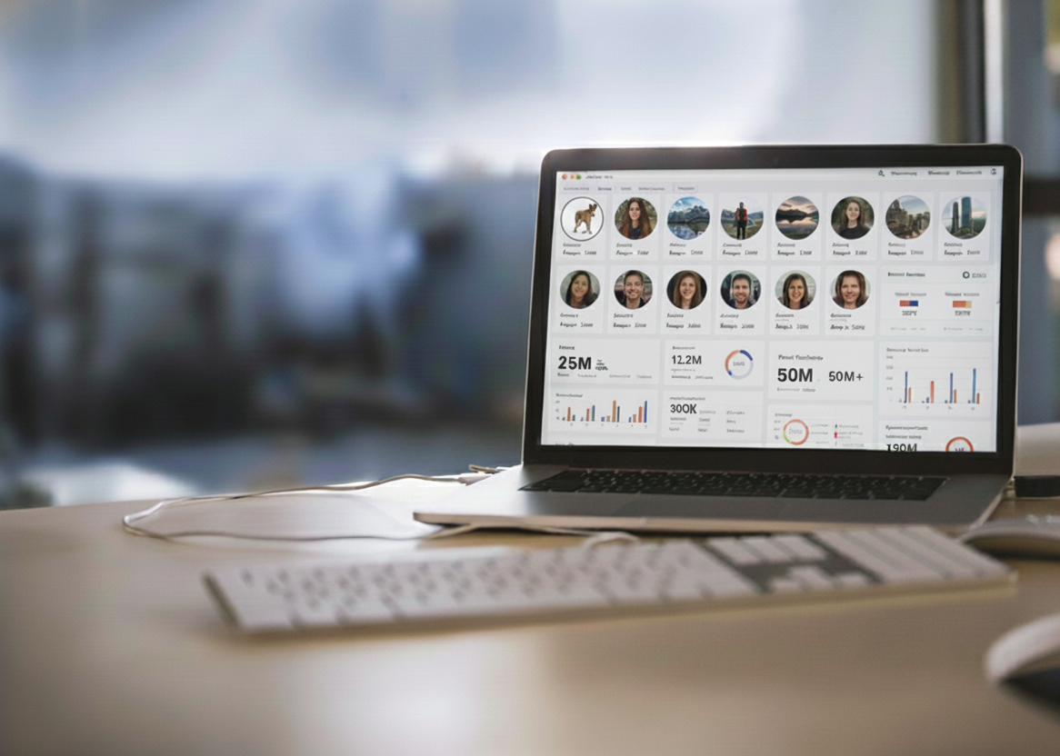 Dashboard view of influencer marketing software on a laptop, featuring influencer profiles and key performance indicators.