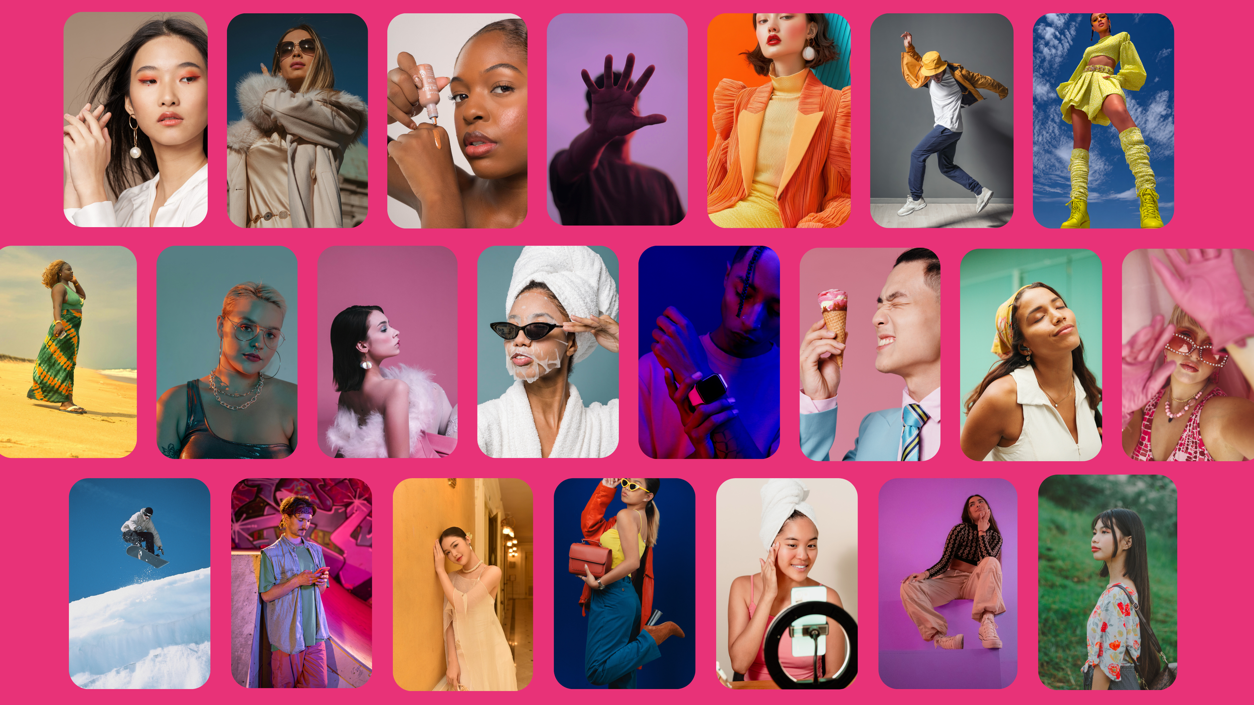a collage showcasing a diverse roster of influencers, representing various categories and styles,  including beauty, fashion, sports. This collection highlights Link Influence's extensive influence selection capabilities for influencer campaigns