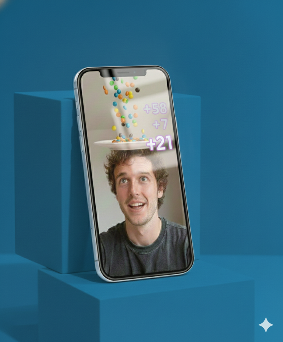 Phone displaying creative content with visual effects, illustrating Link Influence's Content Studio service. Focus on high-quality social media video and post-production, social media filters.