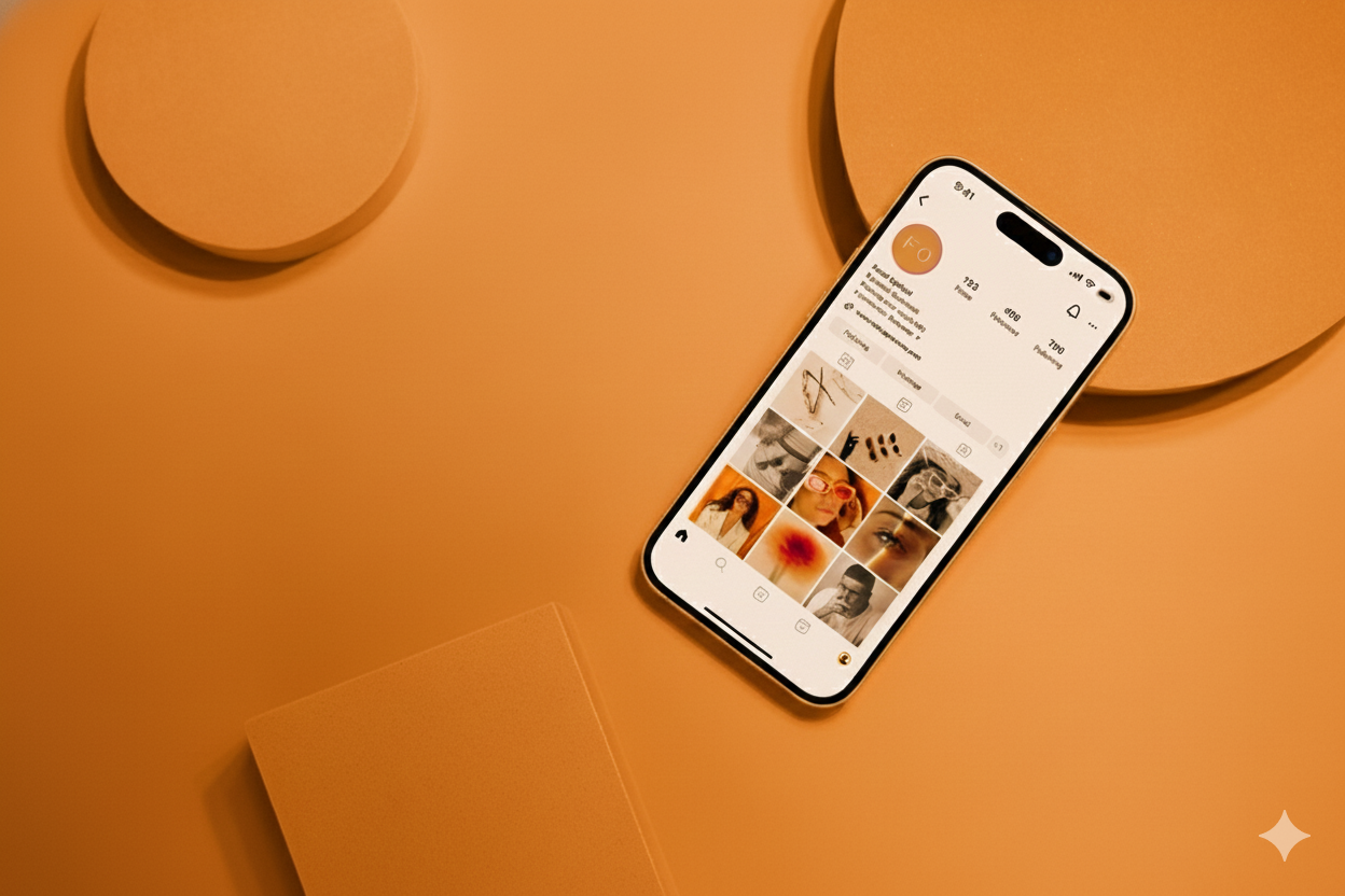 Smartphone showing a curated Instagram grid layout for Link Influence’s organic content management and brand strategy.