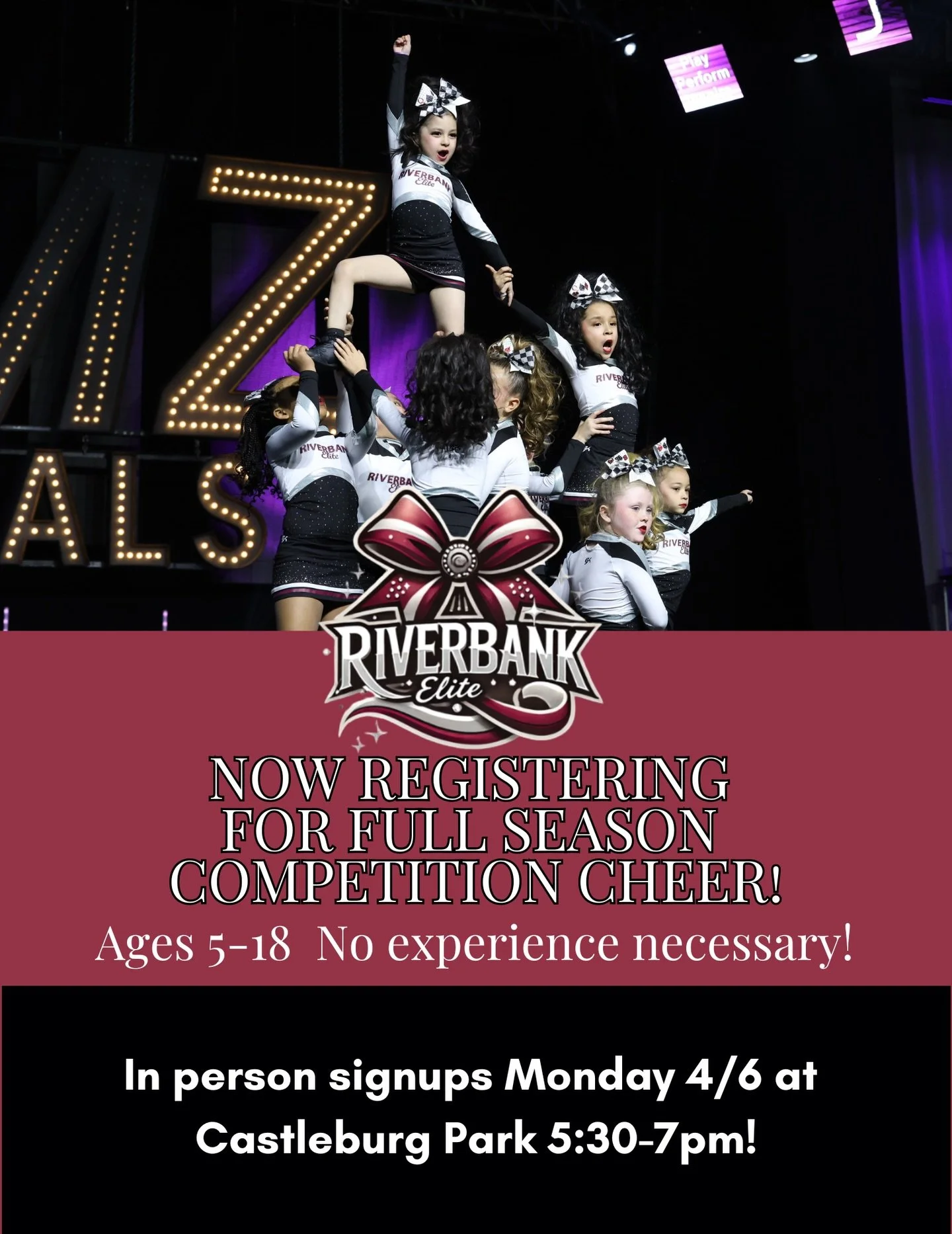 REGISTRATION IS NOW OPEN!!!
Go to our site at www.riverbankelitecheer.com and click &ldquo;Register Today!&rdquo; This will enter you into our system and we will email you our pricing breakdown! We can&rsquo;t wait for a year of new beginnings, new u