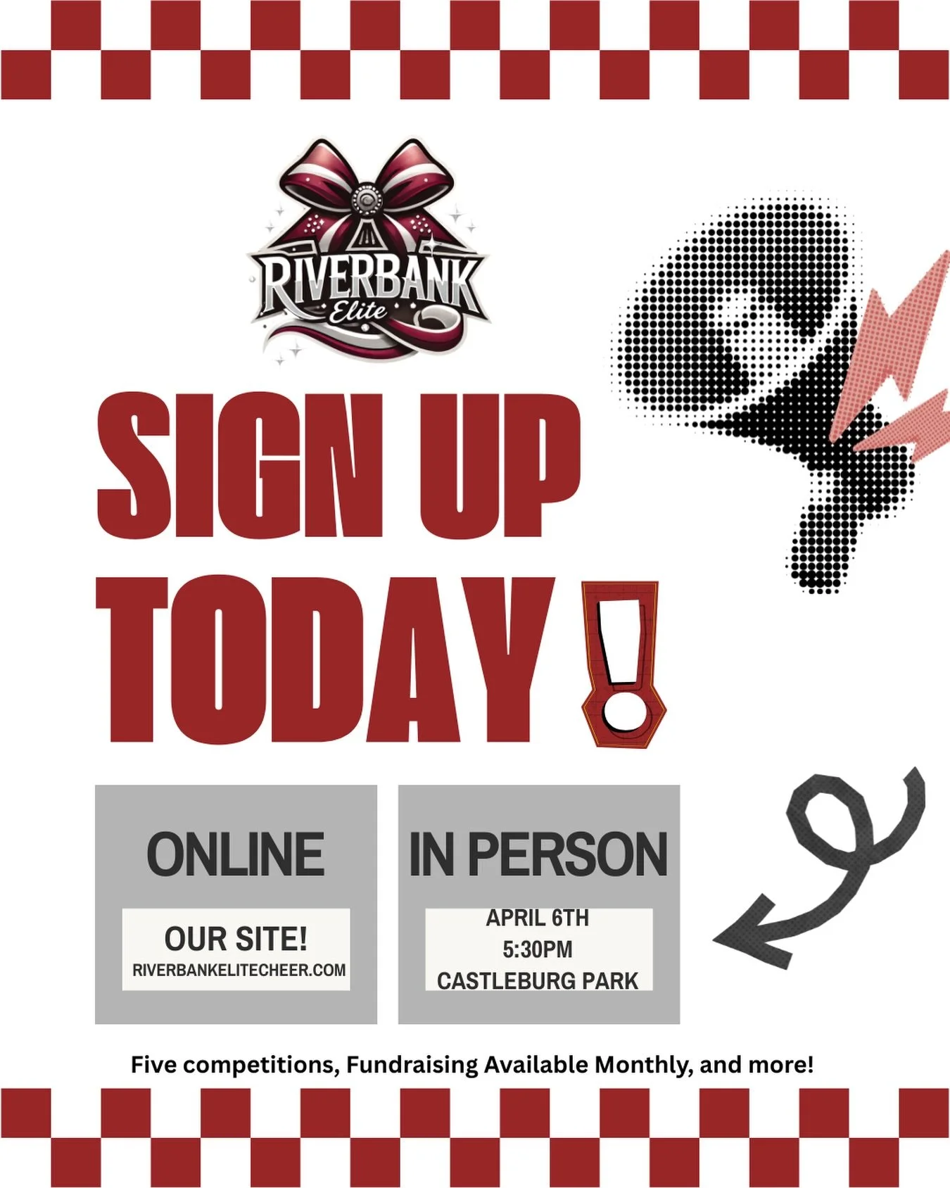 Registration is filling up fast! 
We have two ways to sign up!

1️⃣ Online at www.riverbankelitecheer.com. Link in bio
2️⃣ In person on Monday next week! Castleburg Park at 5:30pm. 

We compete in five competitions. Located in Stockton, Visalia, Anah