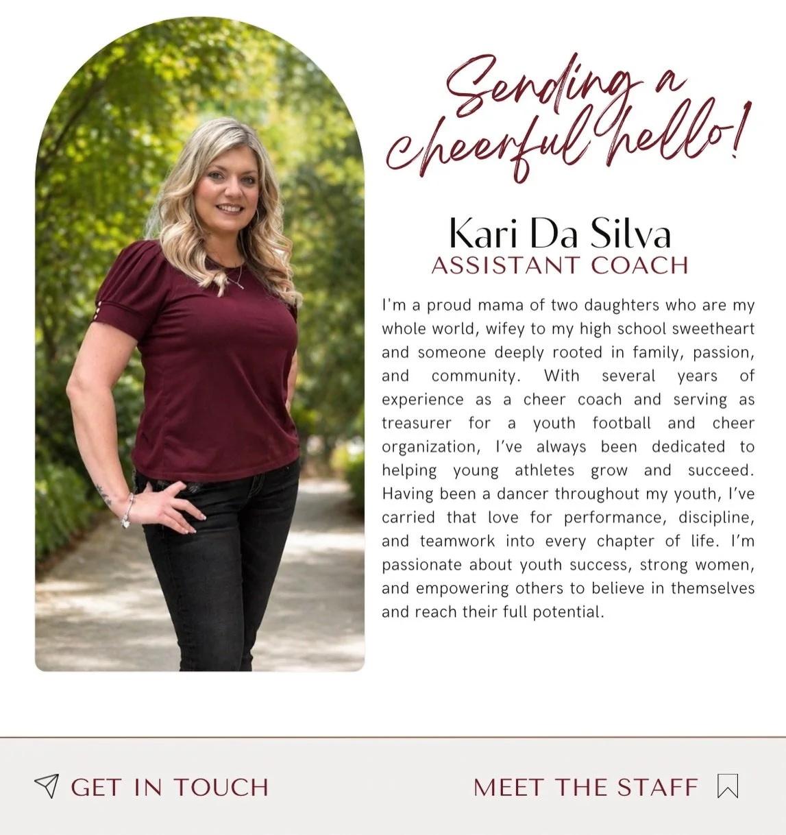 ✨MEET THE STAFF✨

Hi I&rsquo;m Kari!
&ldquo;I&rsquo;m passionate about youth success, strong women, and empowering others to believe in themselves and reach their full potential!&rdquo;

Kari is new to our staff this year! She will be an assistant to