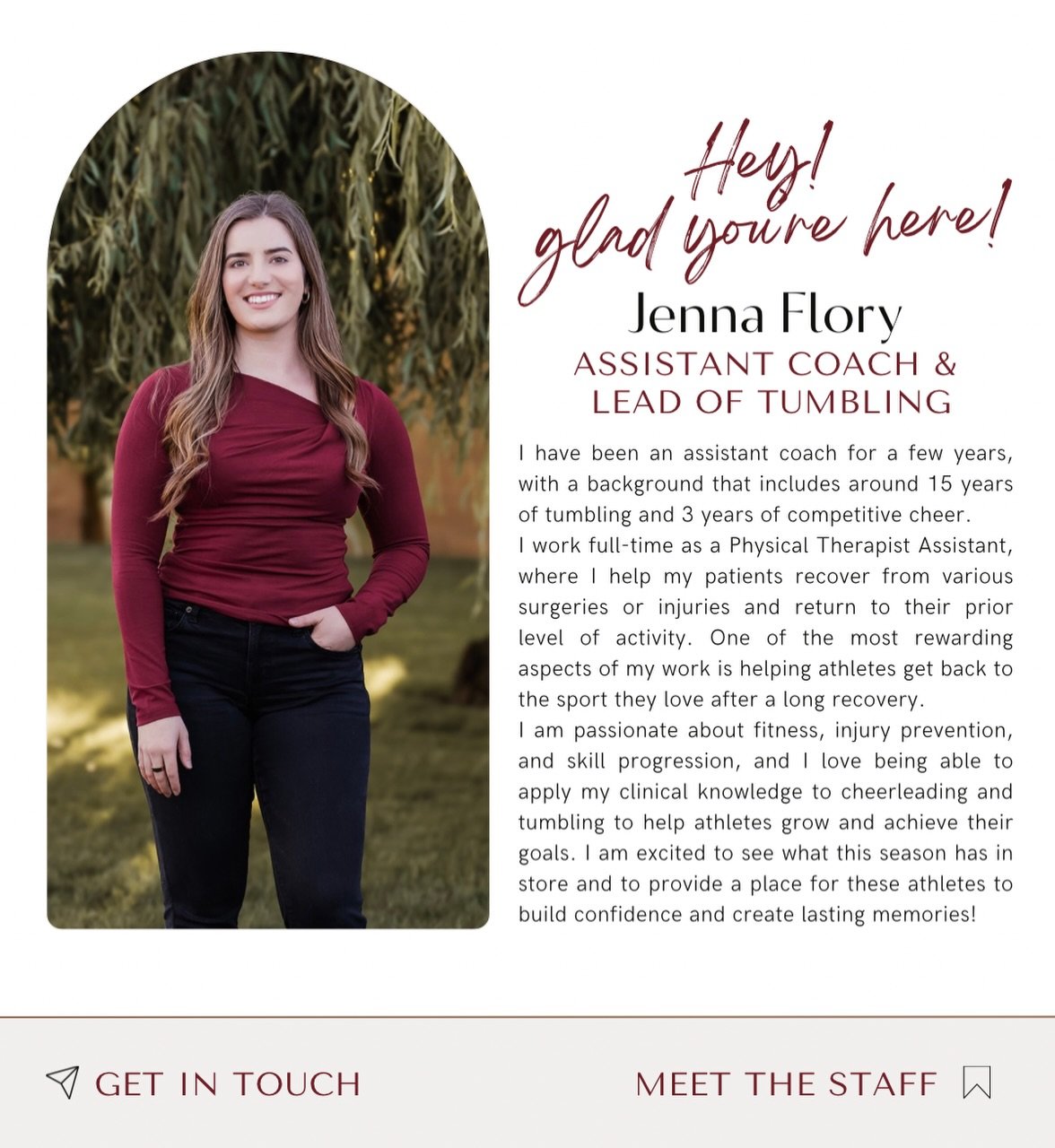 ✨MEET THE STAFF✨

Hi I&rsquo;m Jenna!
&ldquo;I&rsquo;m excited to see what this season has in store!&rdquo;

Jenna is assistant to Coach Cass again this season with taking on lead of tumbling classes! We can&rsquo;t wait to see what they achieve with