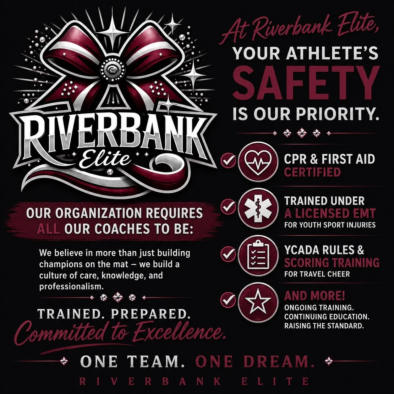 Our Coaches are trained and certified under youth sport safety, CPR, first aid, competitive rules, stunt and tumbling safety, and so much more. It&rsquo;s important to us that we hold our coaches to a high standard where we keep your child safe while