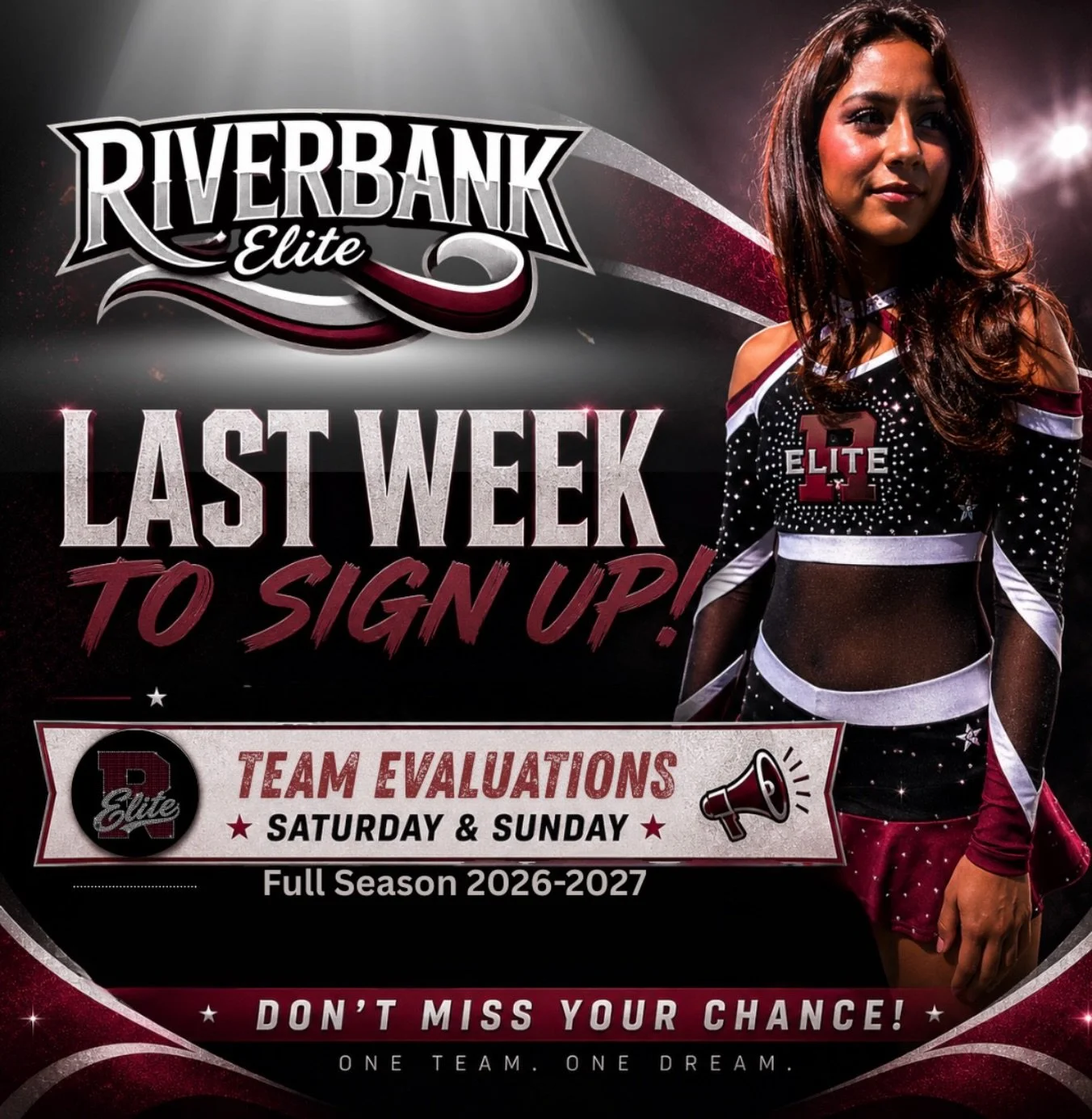 ❗️LAST CHANCE TO SIGN UP! ❗️

This is it! Registration for Riverbank Elite closes THIS WEEK and team placement evaluations are happening this weekend! 

If your athlete is ready to grow, compete, build confidence, and be part of something bigger now 
