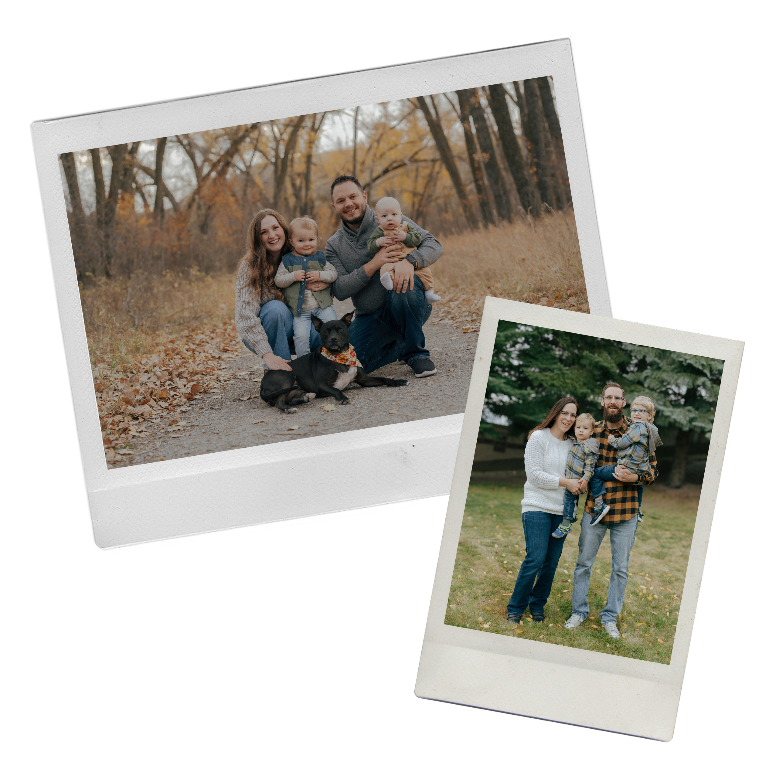 Photographs of families outdoors in park-like settings, with one family of four children and one dog in a wooded area, and another family with two children and a man in a grassy area with trees.