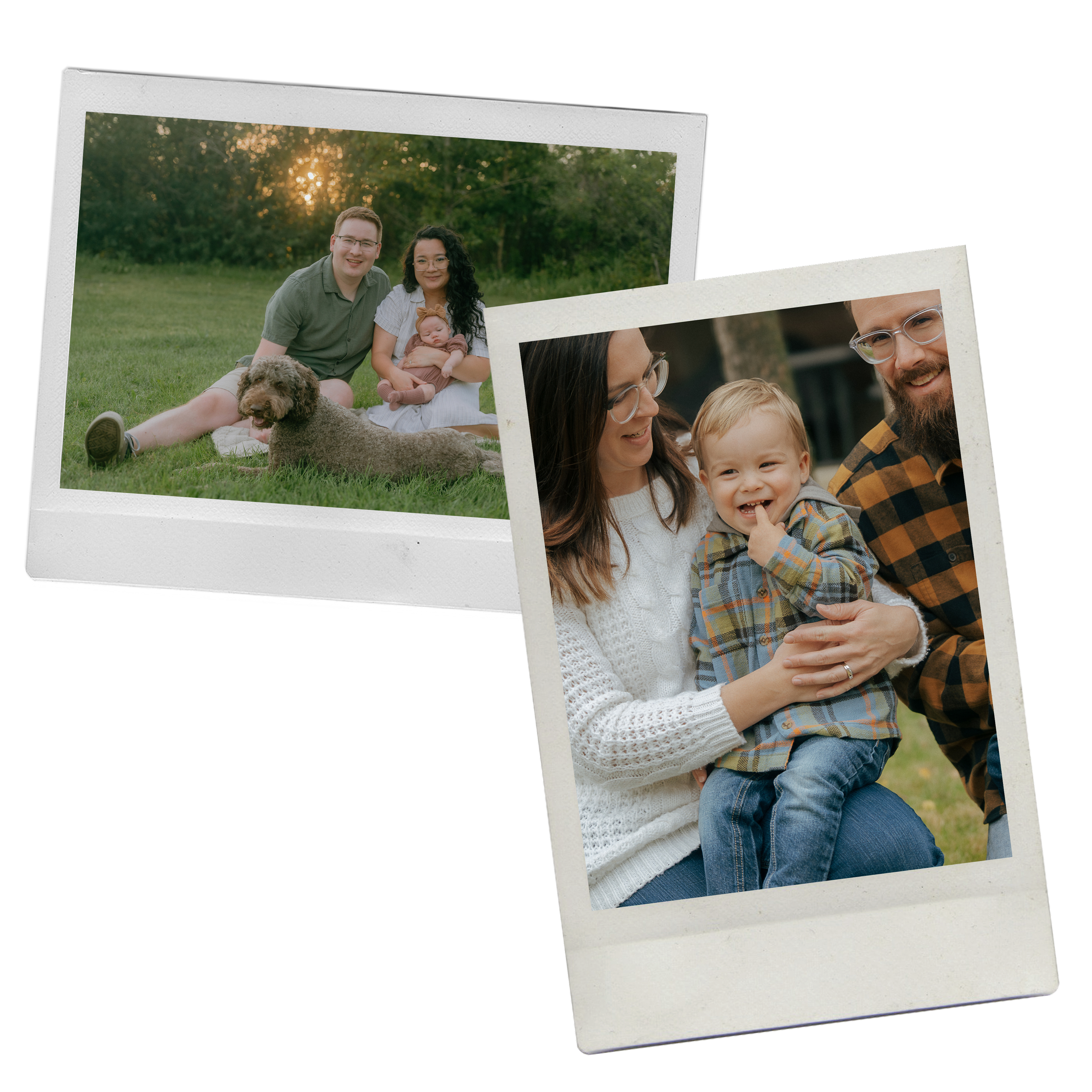 Two printed photos featuring families outdoors, one with a family and dog sitting on grass during sunset, and the other with parents and a toddler boy smiling.