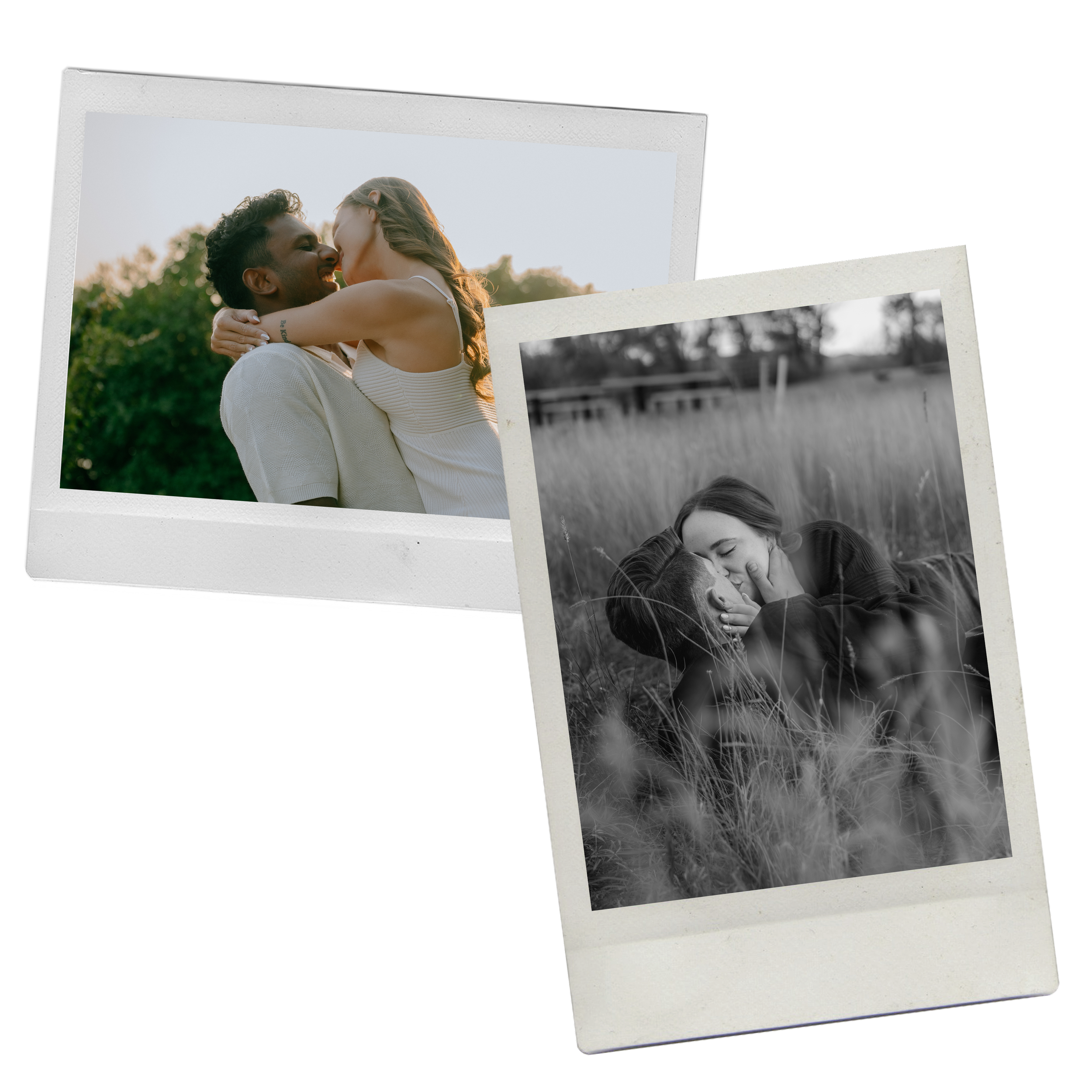 Two printed photo frames, one showing a couple smiling outdoors, the other showing a couple lying in tall grass, embracing and kissing.