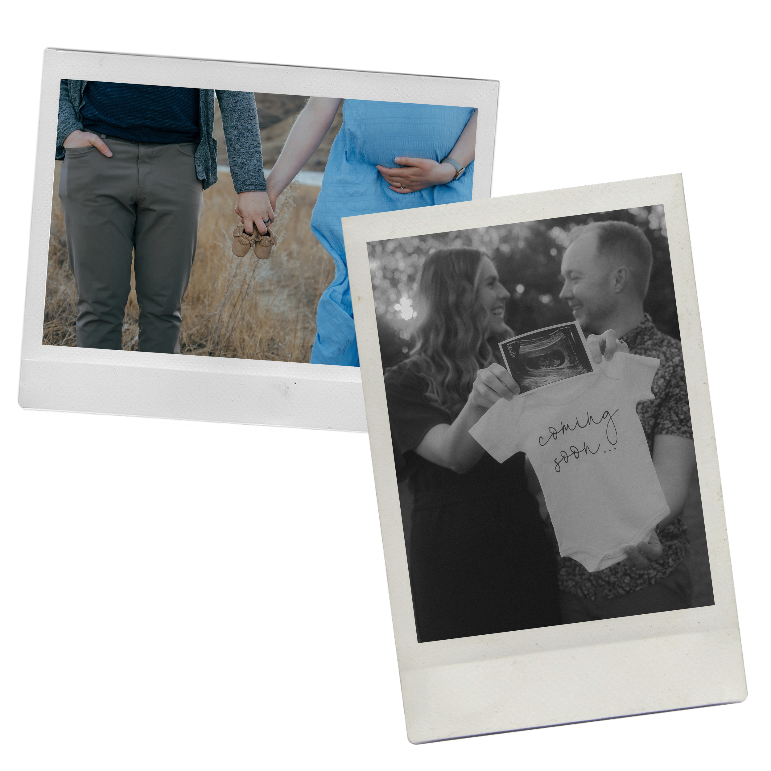 Two photo prints, one showing a couple holding hands and a pregnant woman, and the other showing a woman and a man holding a sonogram picture and a onesie with "coming soon" written on it, in black and white.