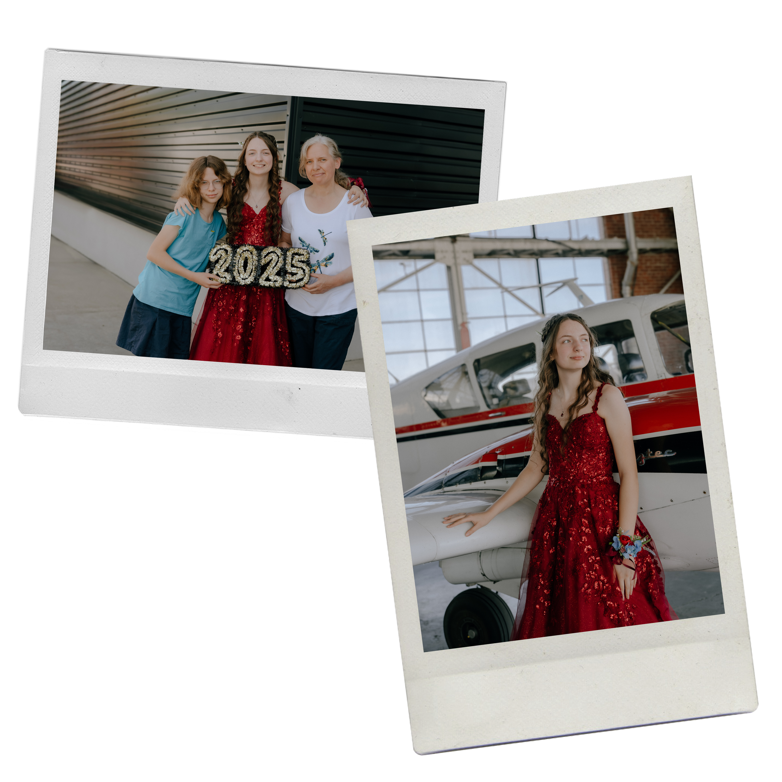 Young woman in a red wedding dress at an airport with a small airplane, posing for a photo.