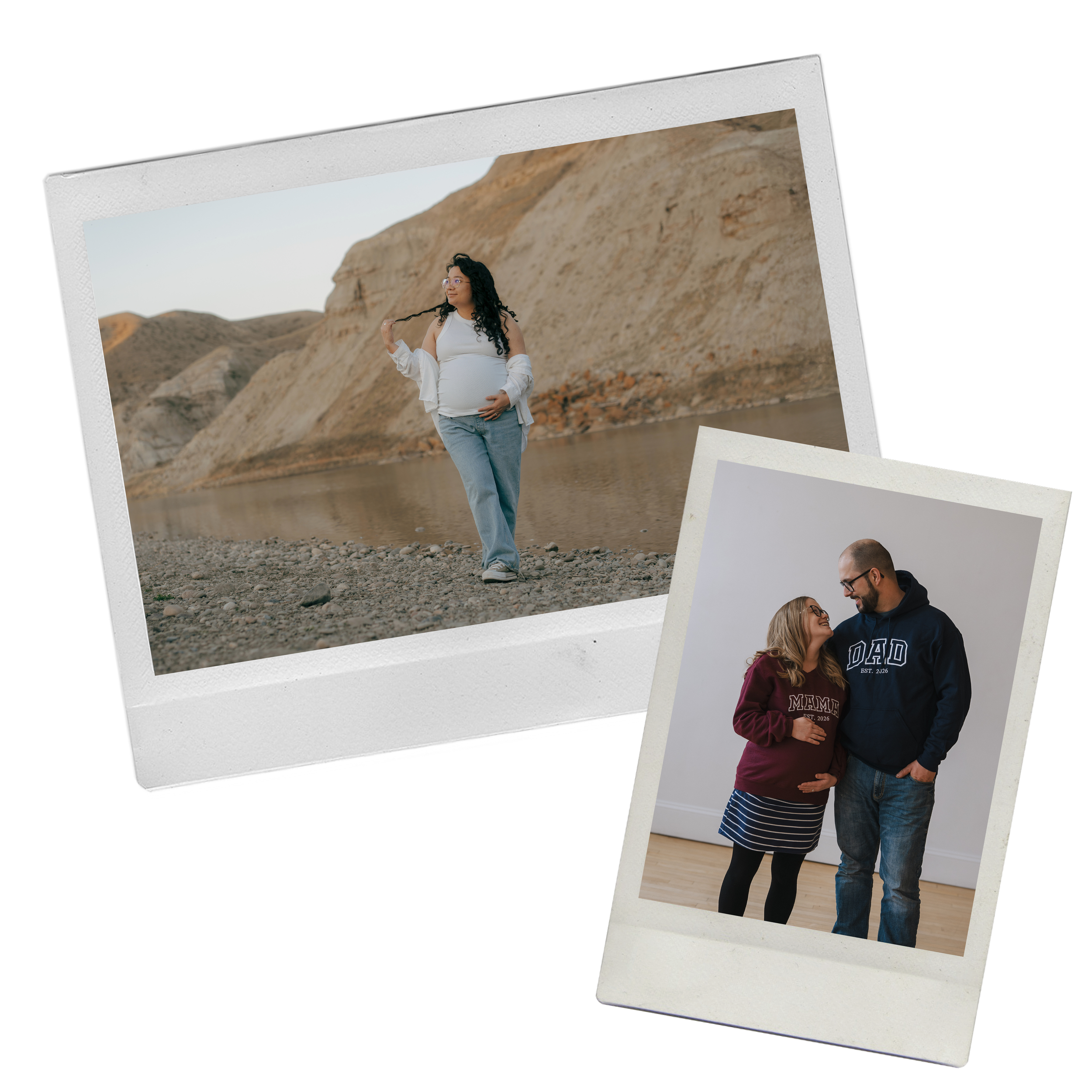 A pregnant woman standing by a river with cliffs in the background, and a man and woman smiling at each other indoors.