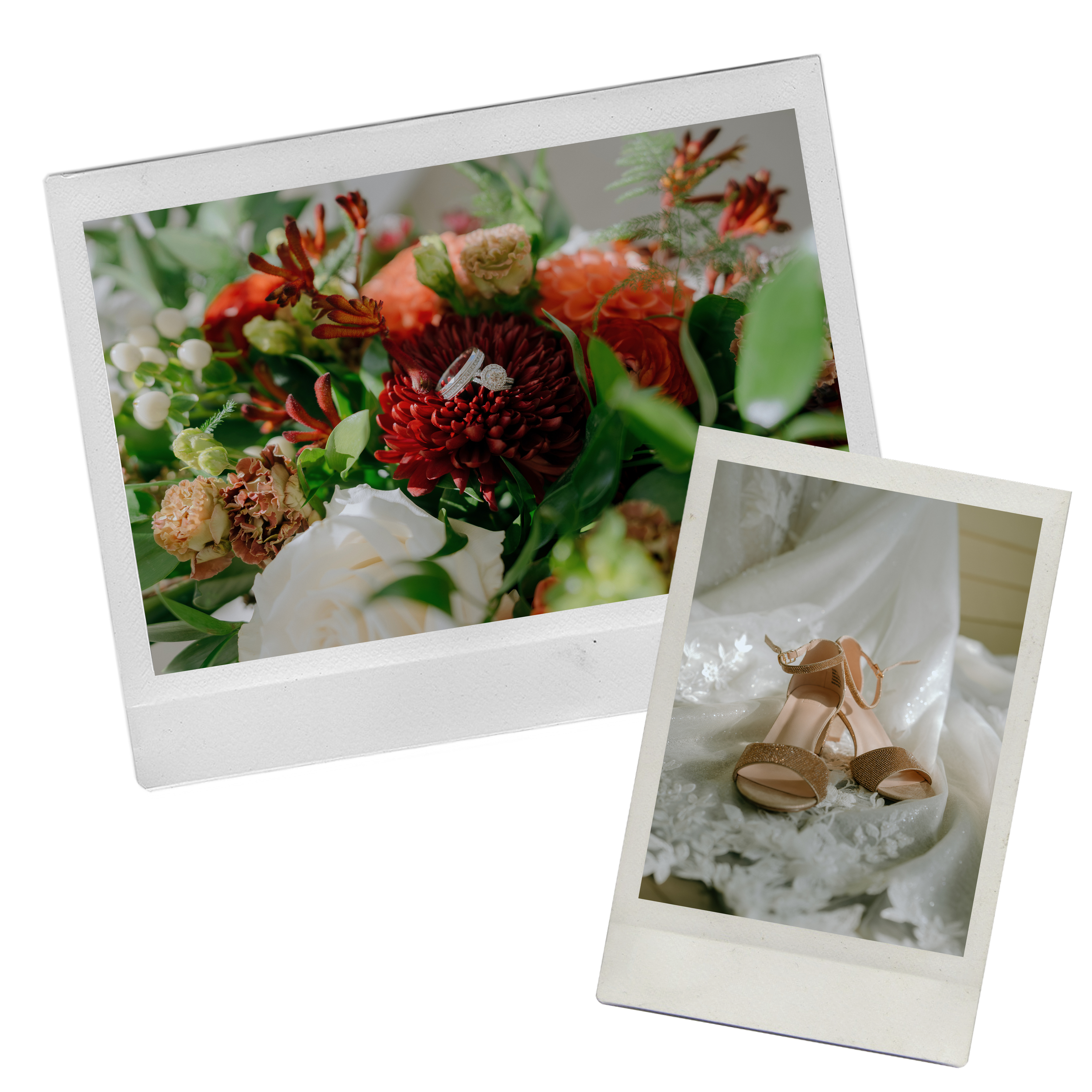 Two Polaroid-style photos, one featuring a bouquet of flowers with engagement rings and the other showing a pair of gold high-heeled shoes on a white, lace-draped surface.