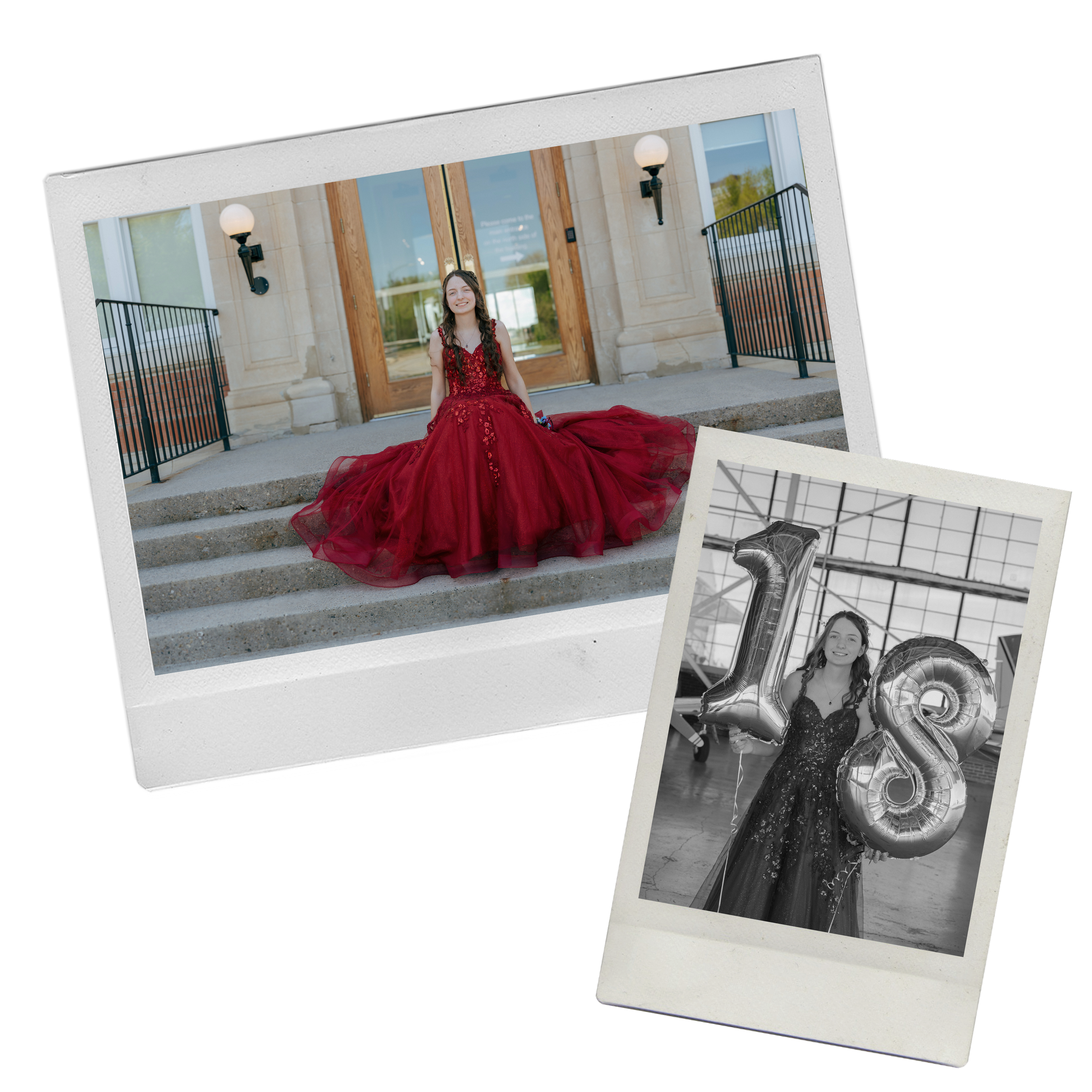 A girl in a red formal gown sitting on stairs outside a building with glass doors, and another girl in a black dress holding large balloon numbers 1 and 8 indoors.