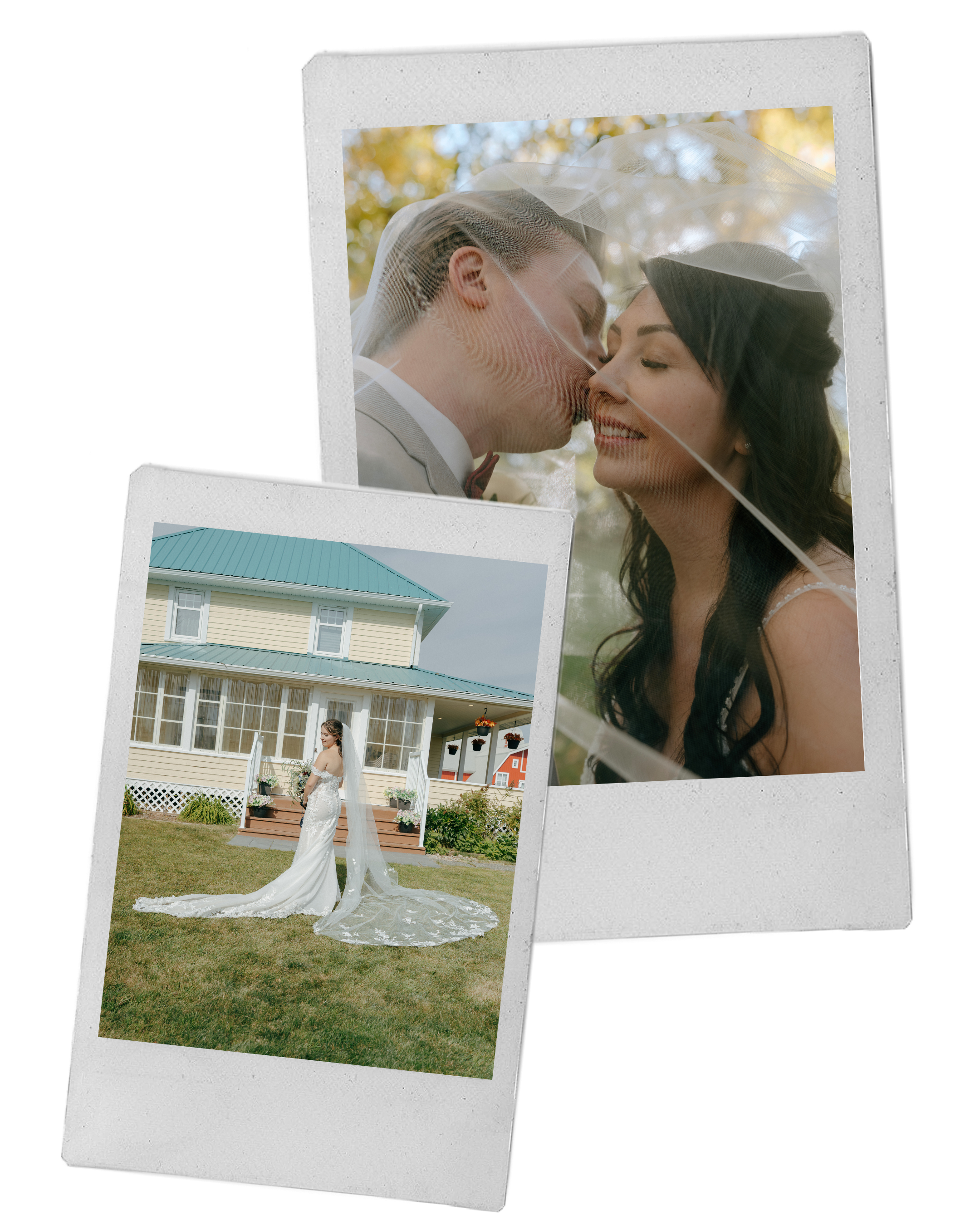 Two photos in a collage: the top shows a couple on their wedding day, sharing a tender moment with their foreheads touching under a veil in an outdoor setting; the bottom features a bride in a white wedding gown with a long train and veil, standing on a lawn in front of a yellow house with a blue roof.