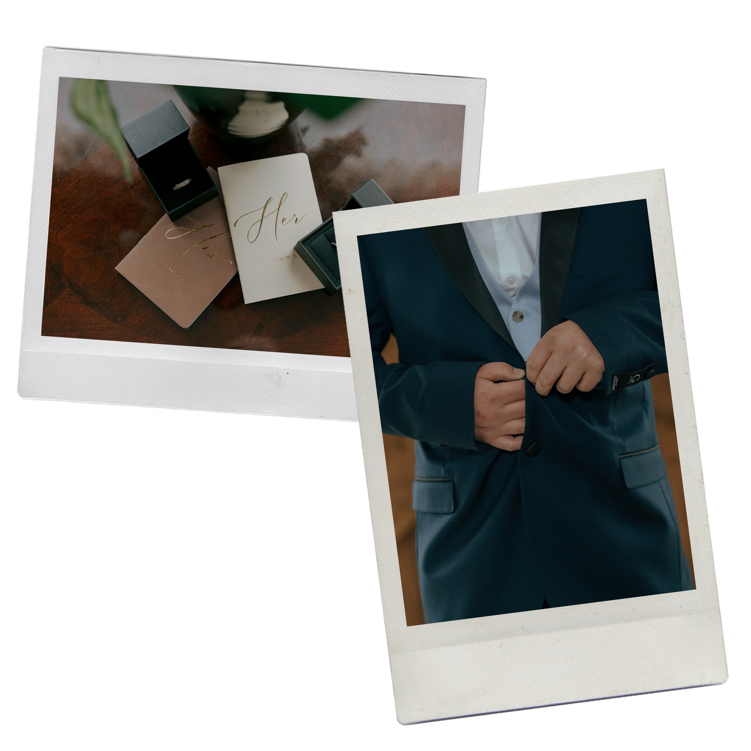 A man in a dark suit adjusting his jacket, with a wedding ring on his finger, and a table with wedding accessories including a 'Her' vow book, jewelry box, and a small black gift box.