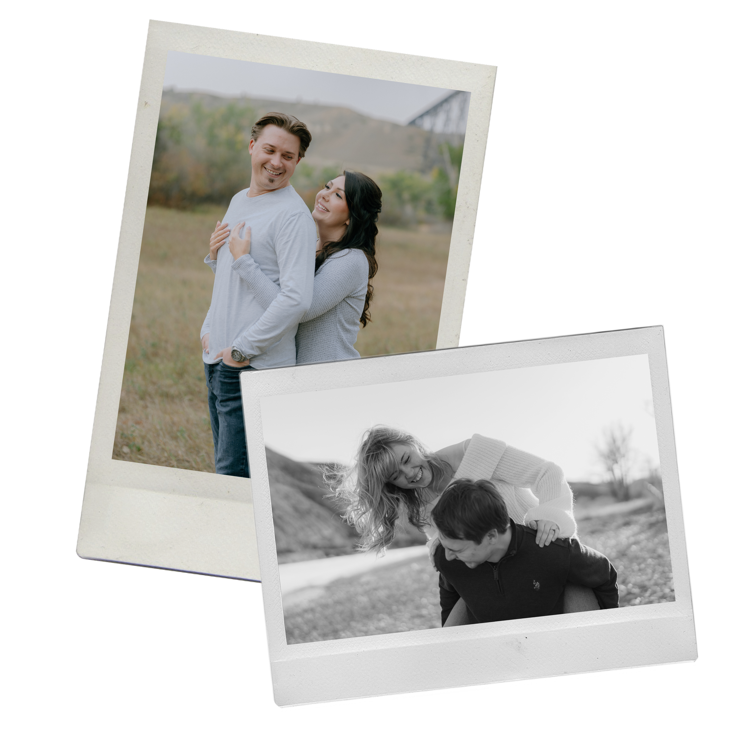 Two photographs, one in color, one in black and white, of couples outdoors. The color photo shows a man and woman smiling affectionately in a field with a bridge in the background. The black and white photo features a woman giving a piggyback ride to a man on a rocky landscape, both laughing.