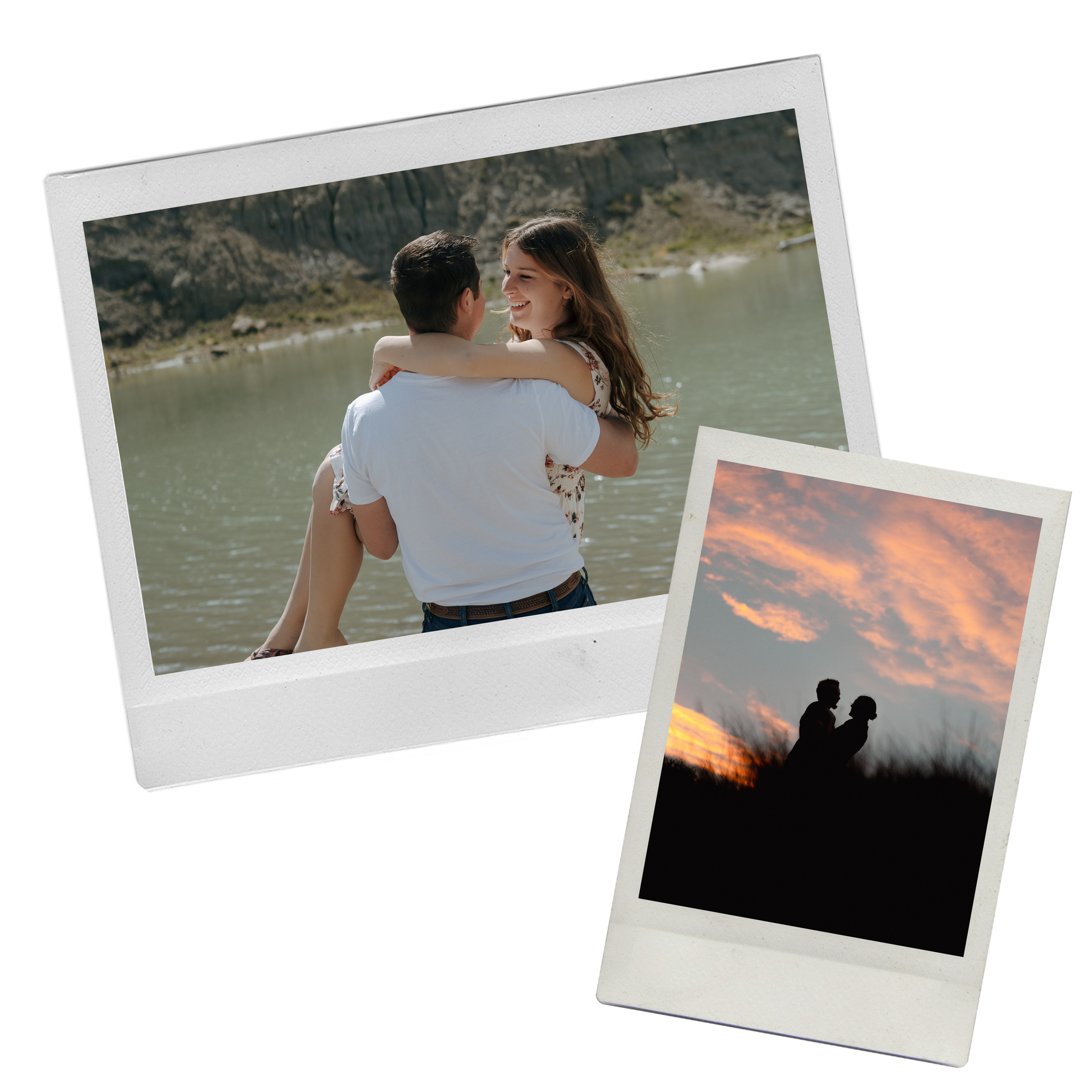 Two photos of couples at sunset, one of a man carrying a woman by a lake, and the other of a silhouette of a couple at sunset.