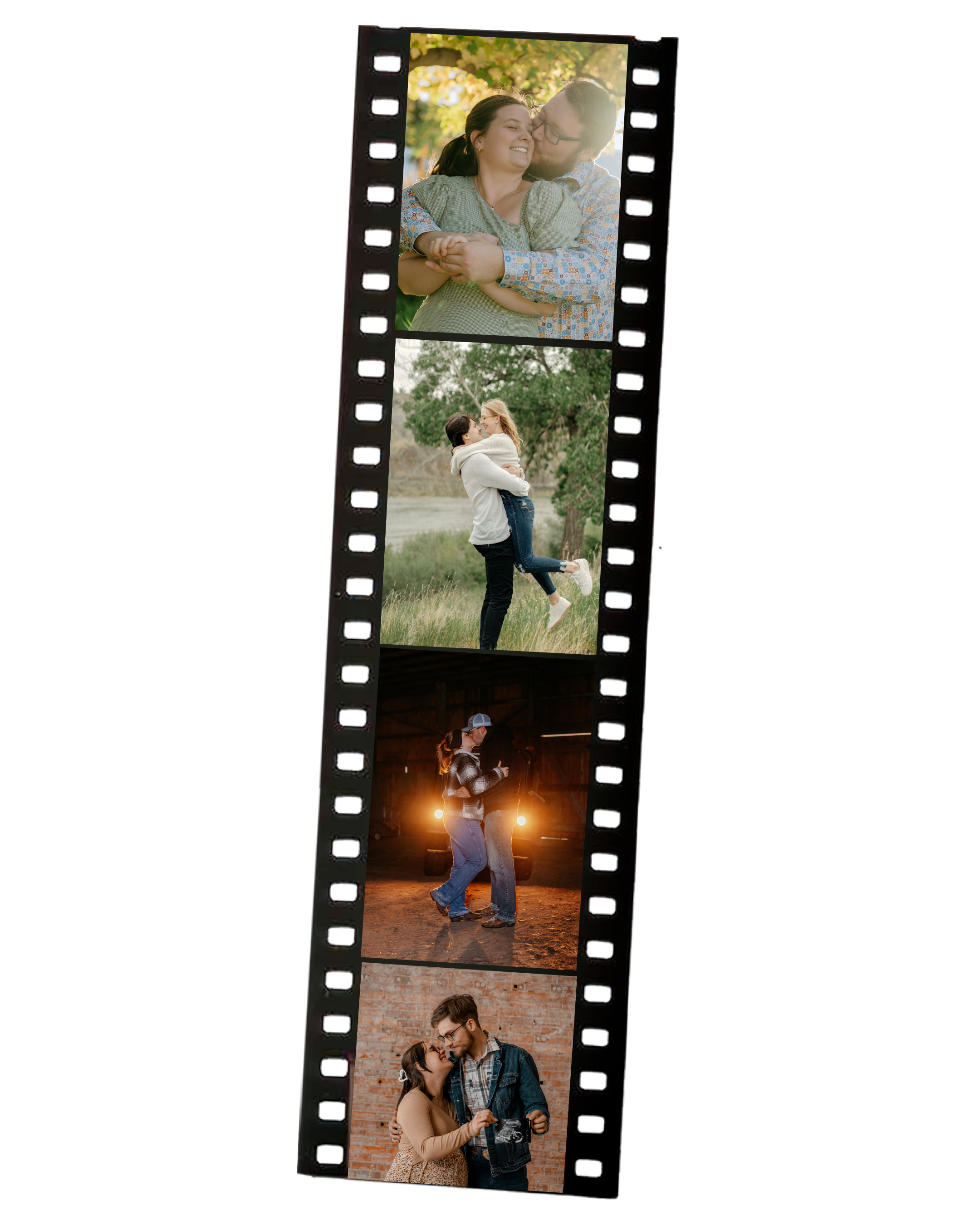 Strip of four photographs capturing couples in various moments: a couple smiling and embracing outdoors in a park, a man lifting a woman in a field, a couple dancing at night with car lights in the background, and a woman with a camera talking with a man against a brick wall.