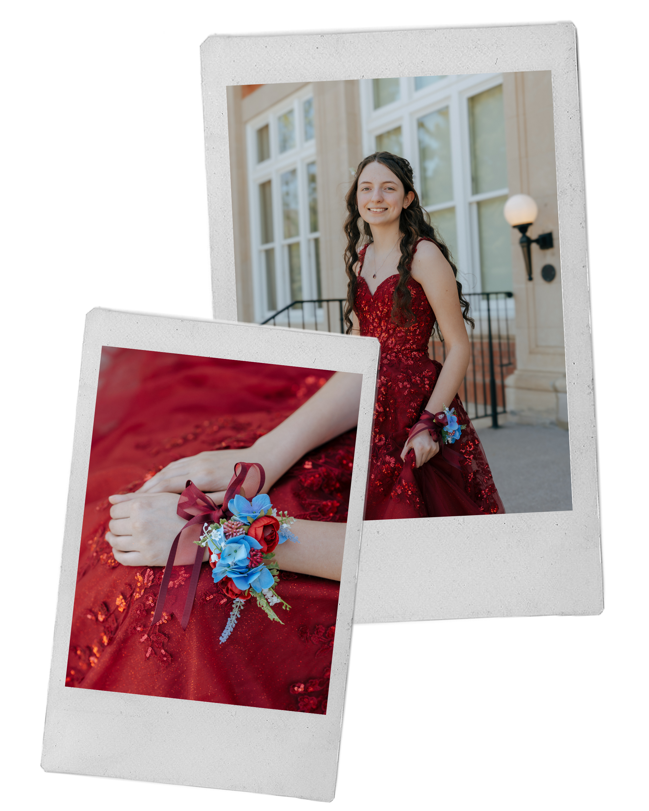 Two Polaroid photos featuring a young woman in a red dress at a formal event, showing her smiling and a close-up of her wrist with a corsage.