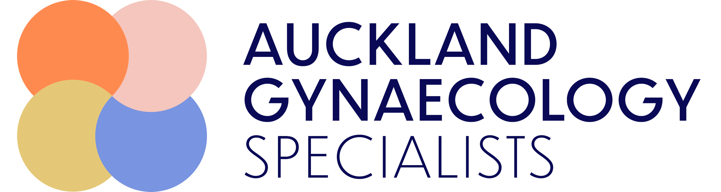 Logo for Auckland Gynaecology Specialists with four intersecting circles in orange, pink, yellow, and blue, and text to the right.