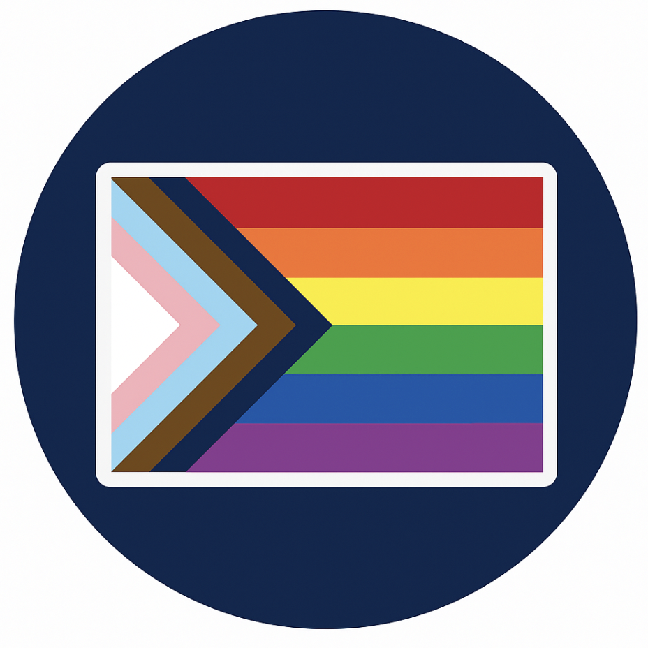A rectangular badge with a black arrowhead on the left, featuring the colors and pattern of the Progress Pride flag, next to a rainbow pride flag with horizontal stripes in red, orange, yellow, green, blue, and purple, all inside a dark blue circle background.