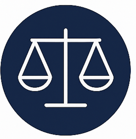 Icon of balance scales in white on a dark blue circular background.