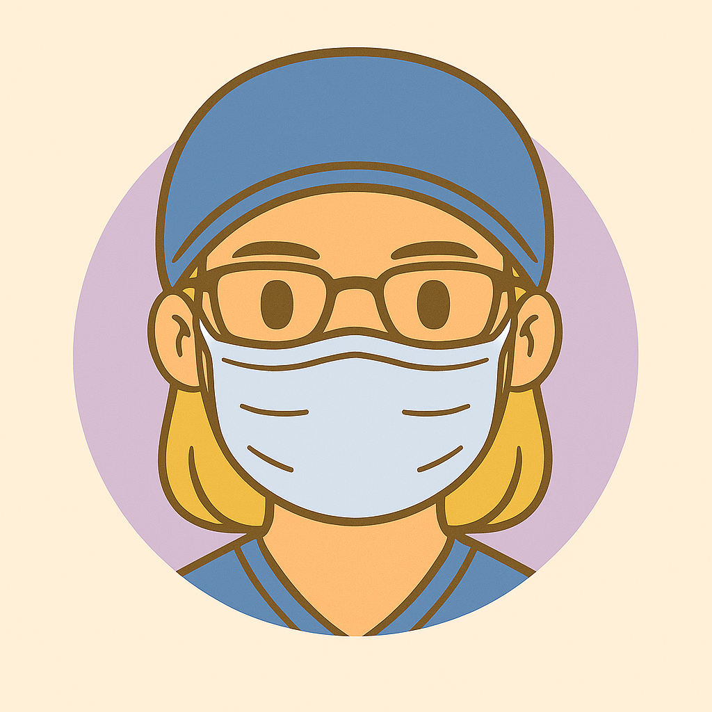 Illustration of a person wearing glasses, a blue cap, and a medical face mask with a purple background.