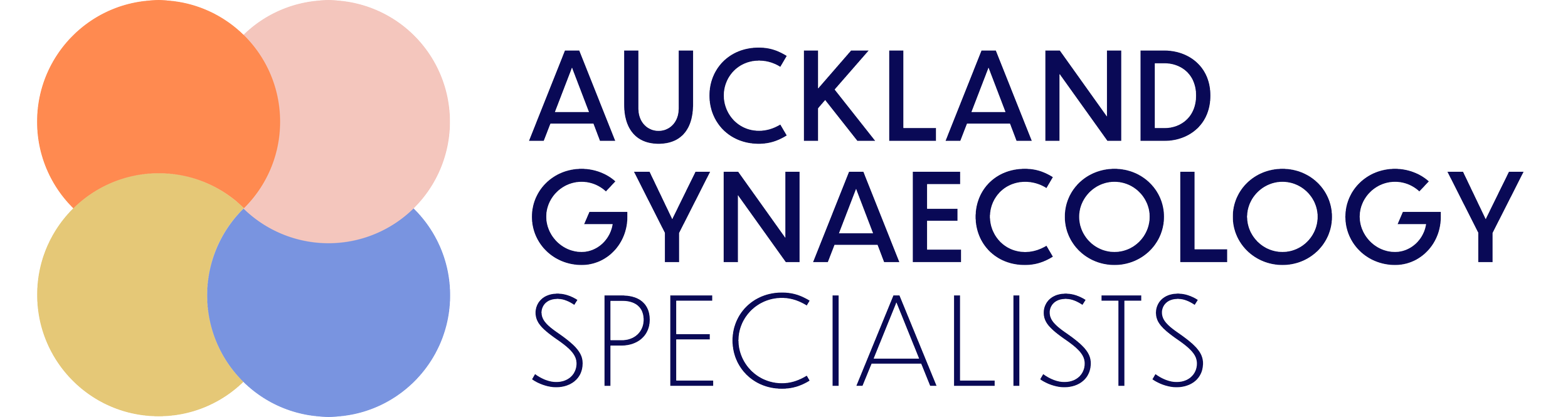 A logo with four overlapping circles in orange, pink, yellow, and blue, next to dark blue text that reads "Auckland Gynaecology Specialists".