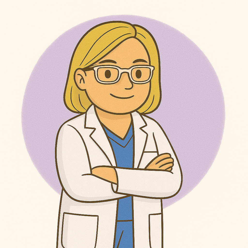 An animated illustration of a female doctor with blonde hair, wearing glasses, a white lab coat, and blue scrubs, standing with arms crossed in front of a purple circle background.