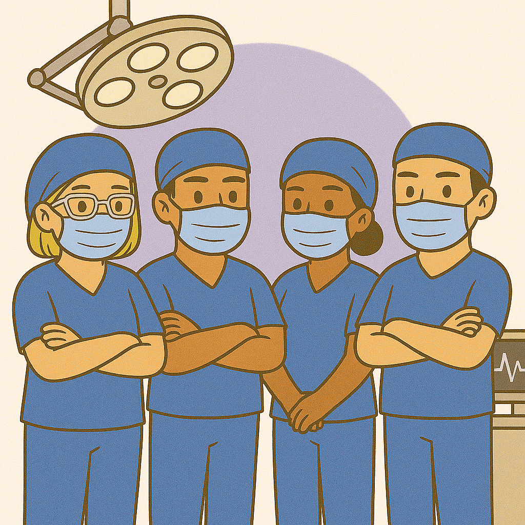 Four healthcare professionals in scrubs and face masks standing in an operating room with surgical light and monitoring equipment in the background.