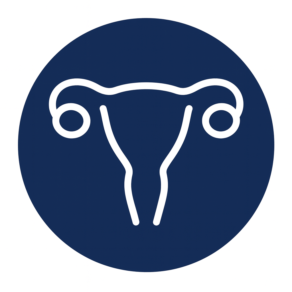 Line drawing of a female reproductive system inside a blue circle.
