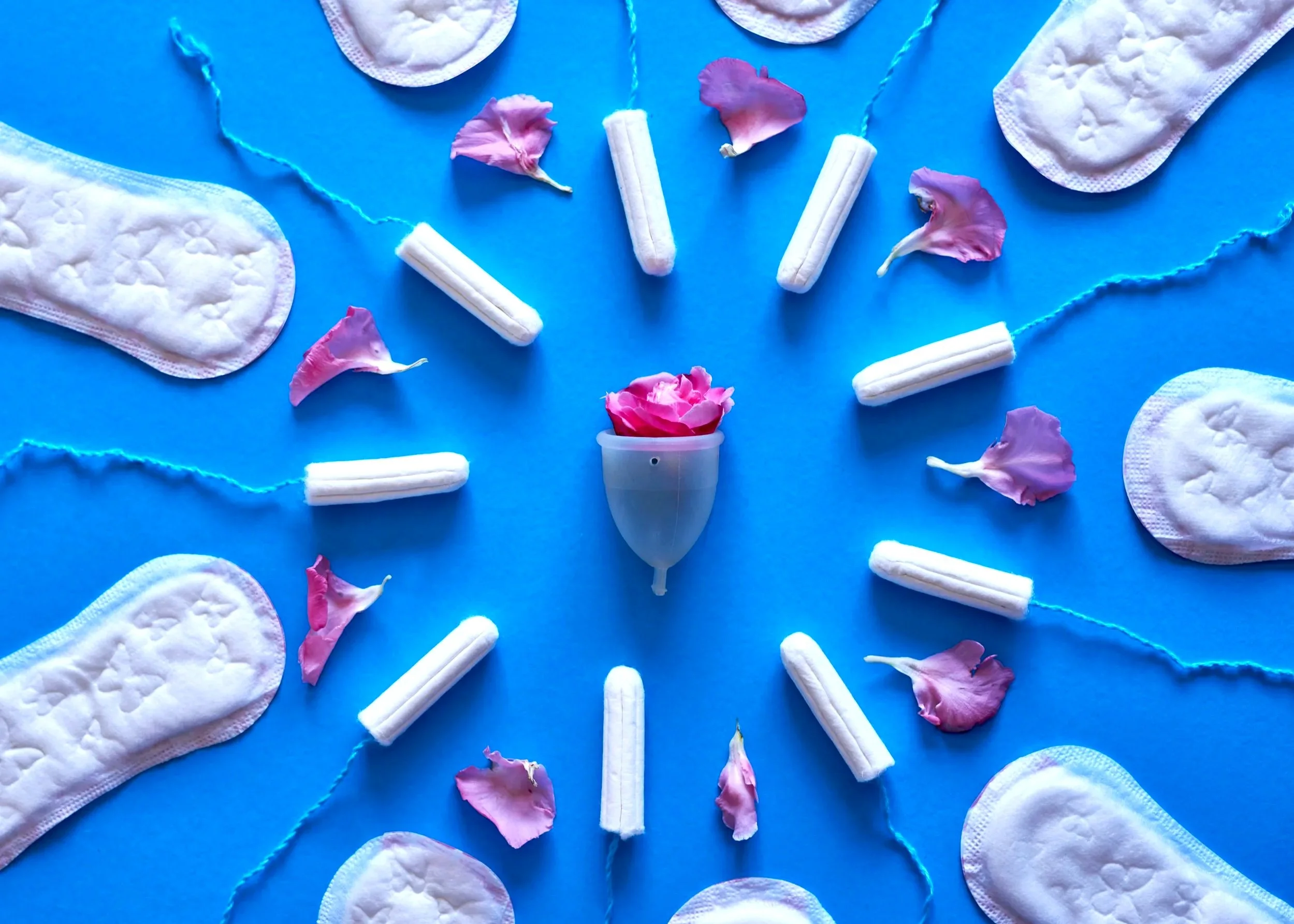 Arrangement of feminine hygiene products on a blue background, including sanitary pads, tampons, and pink rose petals, with a central cup holding a pink rose.