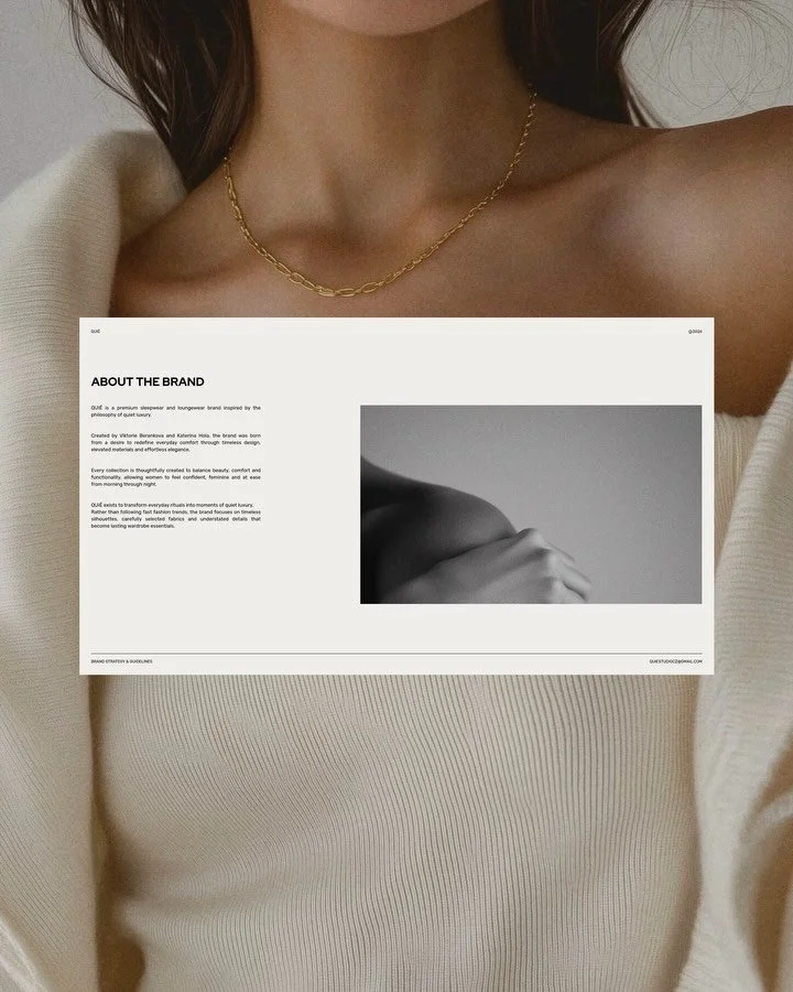 QUI&Eacute;, a brand built to feel as good as it looks.

Quiet luxury, intentional living and effortless femininity shaped every detail, from the sculptural monogram and refined typography to the warm, understated visual world.
 A brand with presence