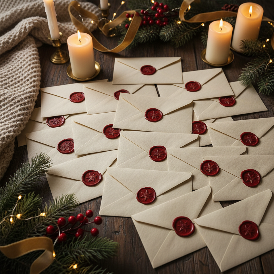 Multiple Christmas envelopes sealed with red wax stamps are spread out on a wooden table, surrounded by lit candles, pine branches, berries, and gold ribbon for holiday decoration.