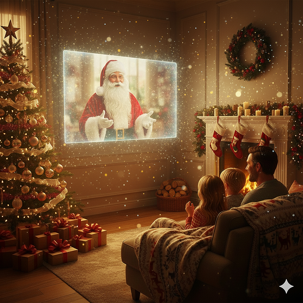 A family of three watching a virtual Santa Claus on a large screen in a decorated living room with a Christmas tree, stockings, and a fireplace.