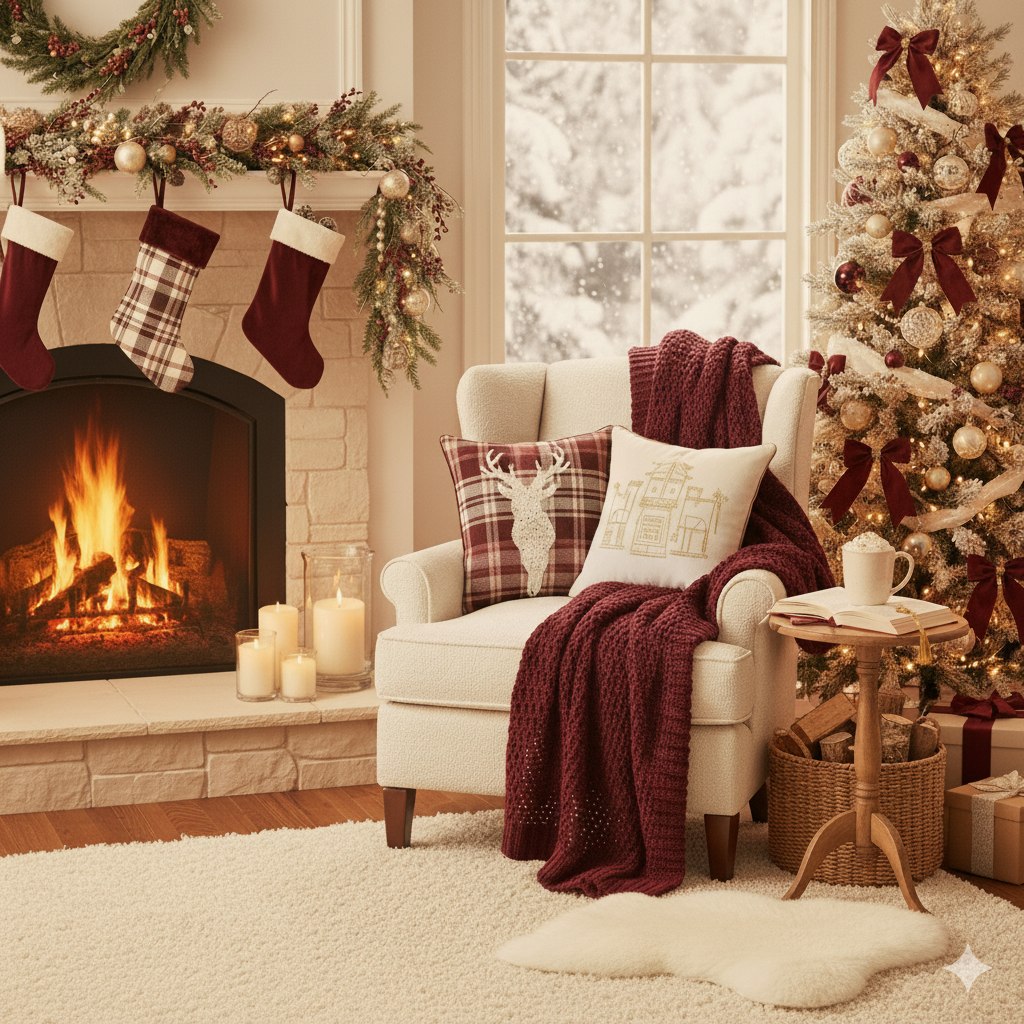 Cozy Christmas living room with a fireplace, decorated with Christmas stockings and greenery, lit with candles on the hearth. A decorated Christmas tree with ornaments and ribbons stands next to an armchair. The armchair has pillows and a warm blanket, with a side table holding a cup, book, and a gold gift box, all set in a snow-covered outdoor scene visible through the window.