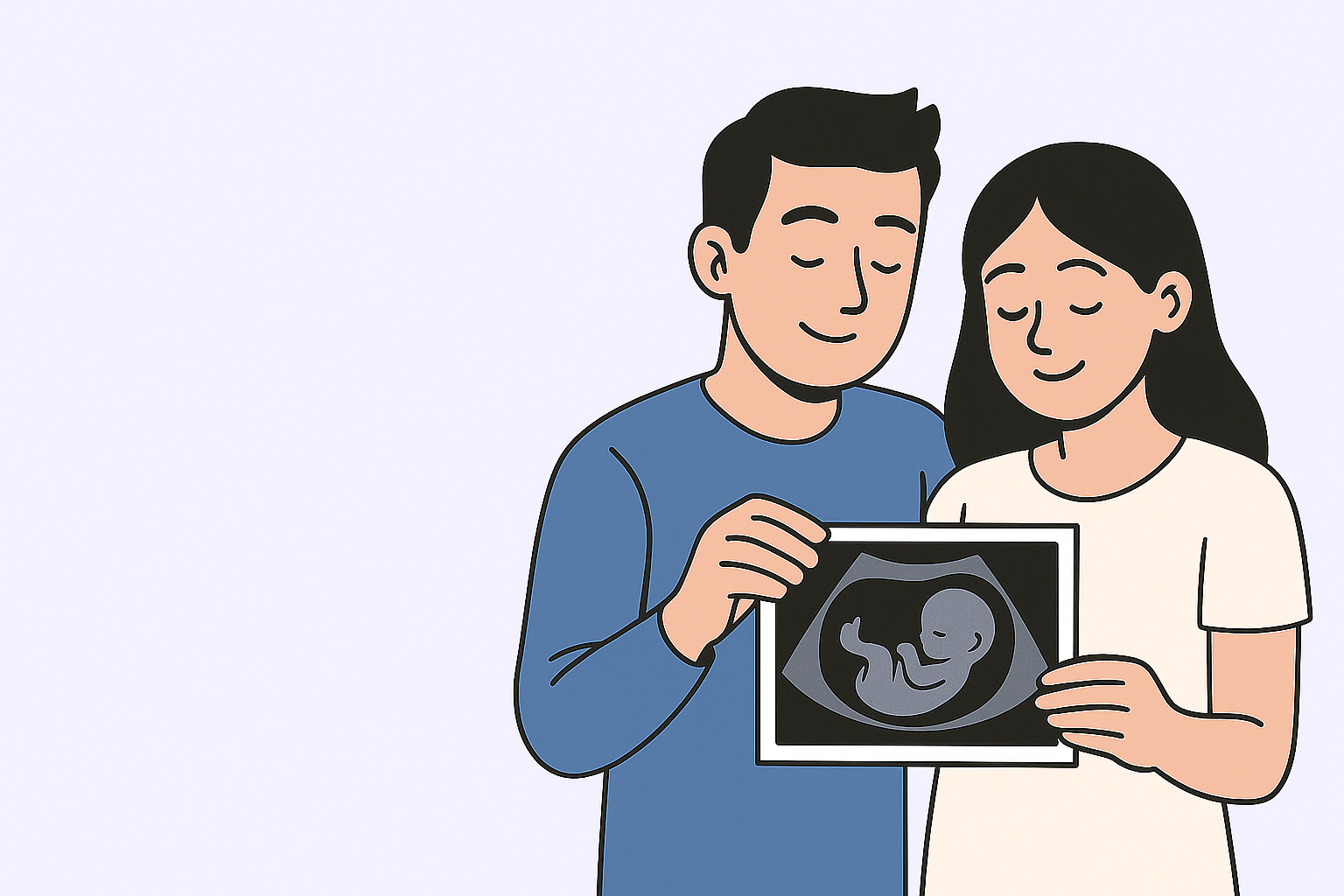 A cartoon illustration of a man and woman holding an ultrasound image of a fetus.