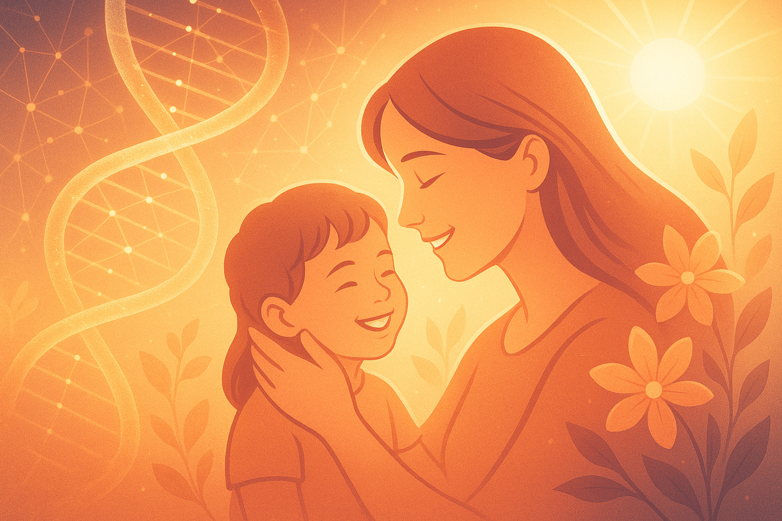 Illustration of a woman and a young girl smiling at each other outdoors with the sun shining, flowers, and a DNA strand in the background.