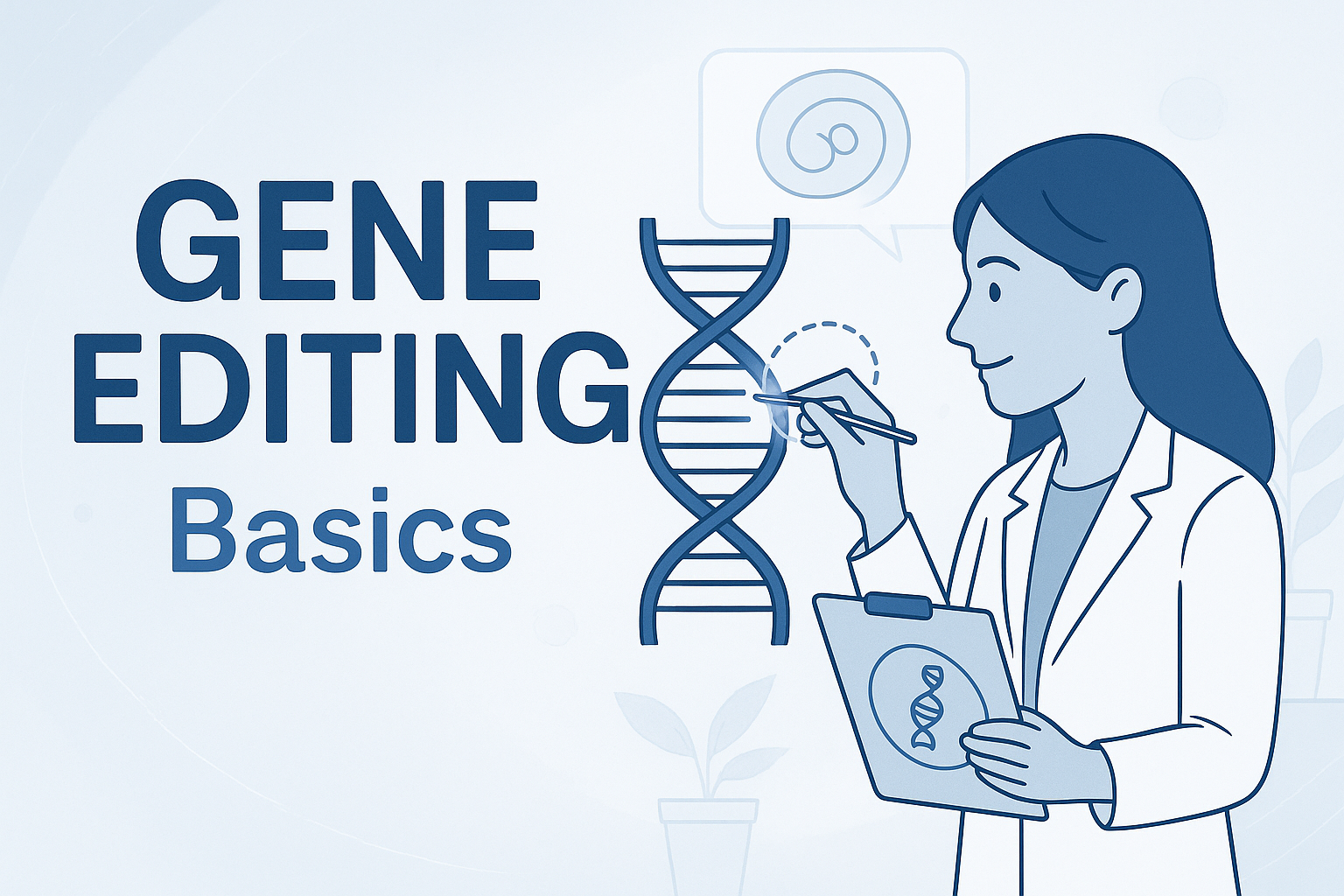 Illustration of a woman in a lab coat holding a tablet with a DNA strand icon, next to a DNA double helix, with text 'Gene Editing Basics'.