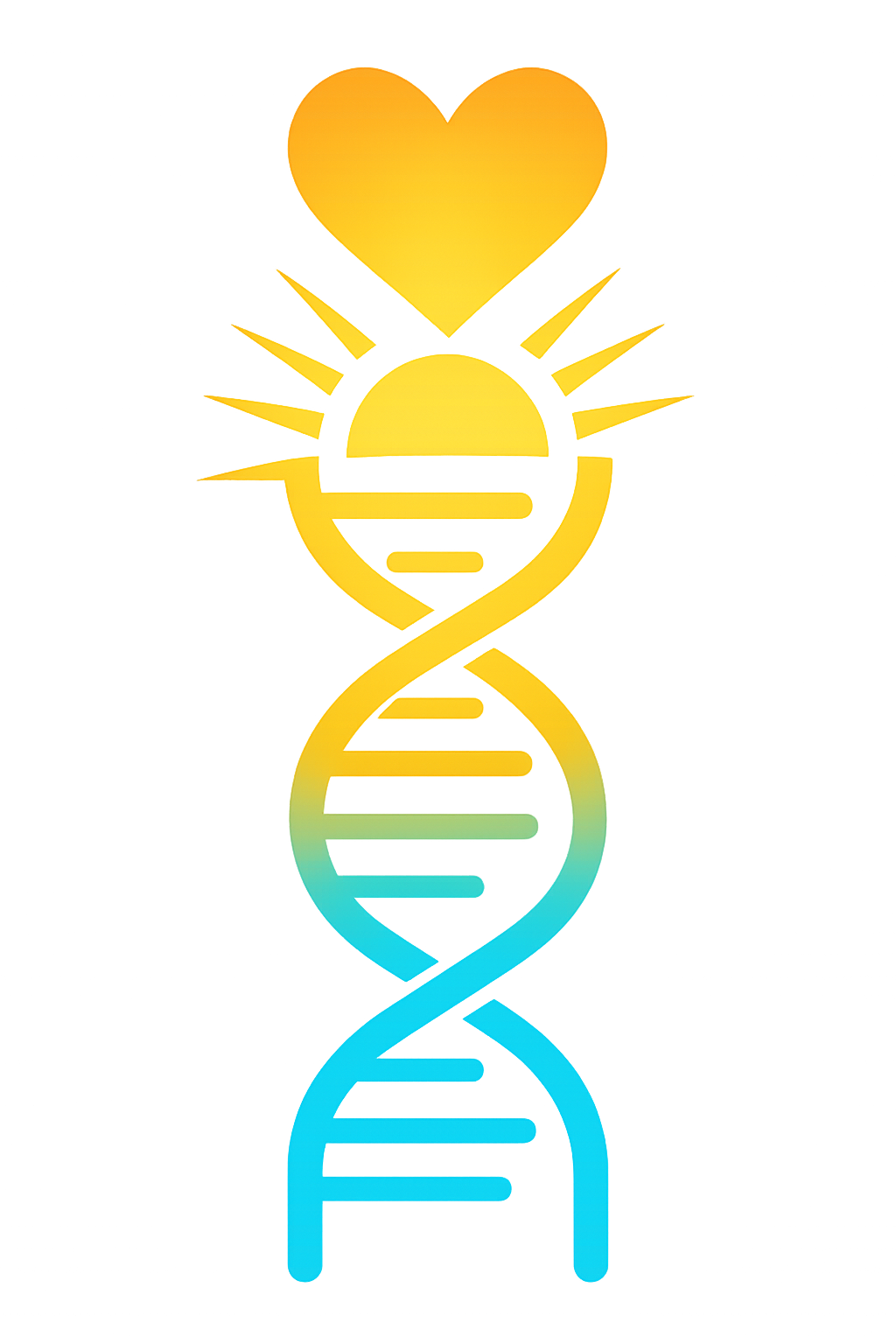 Colorful illustration of a DNA double helix with a yellow heart at the top and a sunburst design behind it, symbolizing love and science.