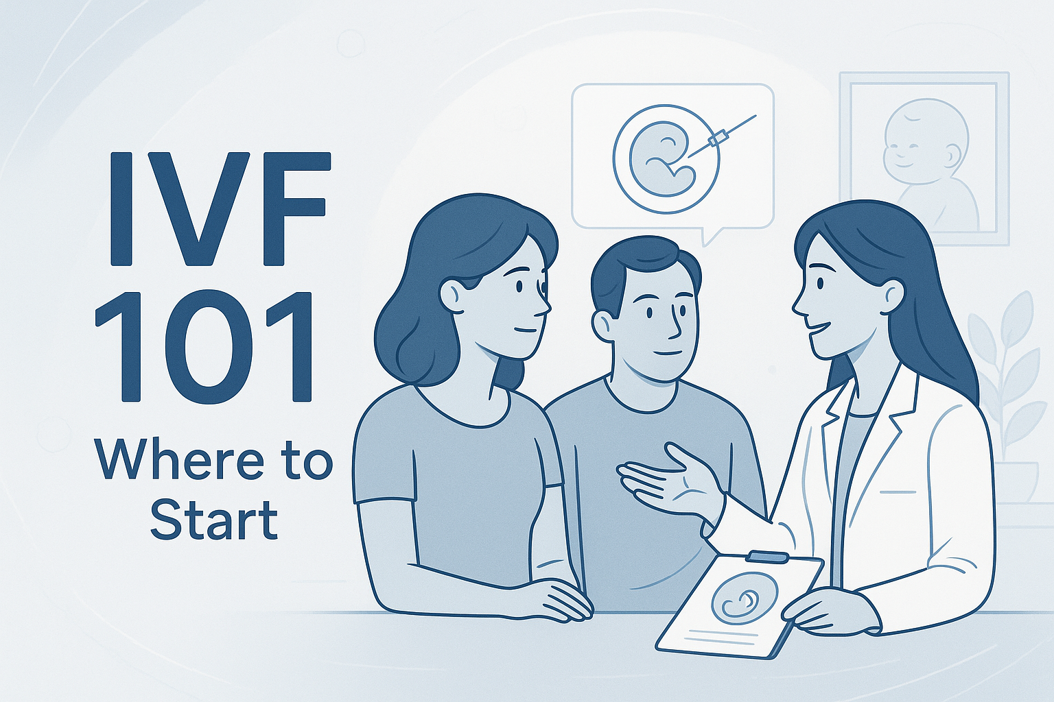 Medical consultation about IVF with a doctor and a couple discussing fertility options, including an illustration of an embryo and a pregnancy picture.