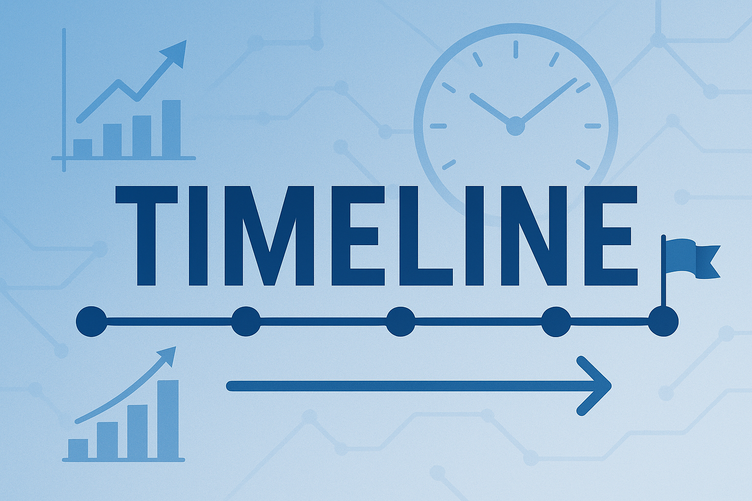 Graphic with the word 'TIMELINE' and a horizontal arrow underneath, background includes line graphs, a clock, and a flag on the timeline.