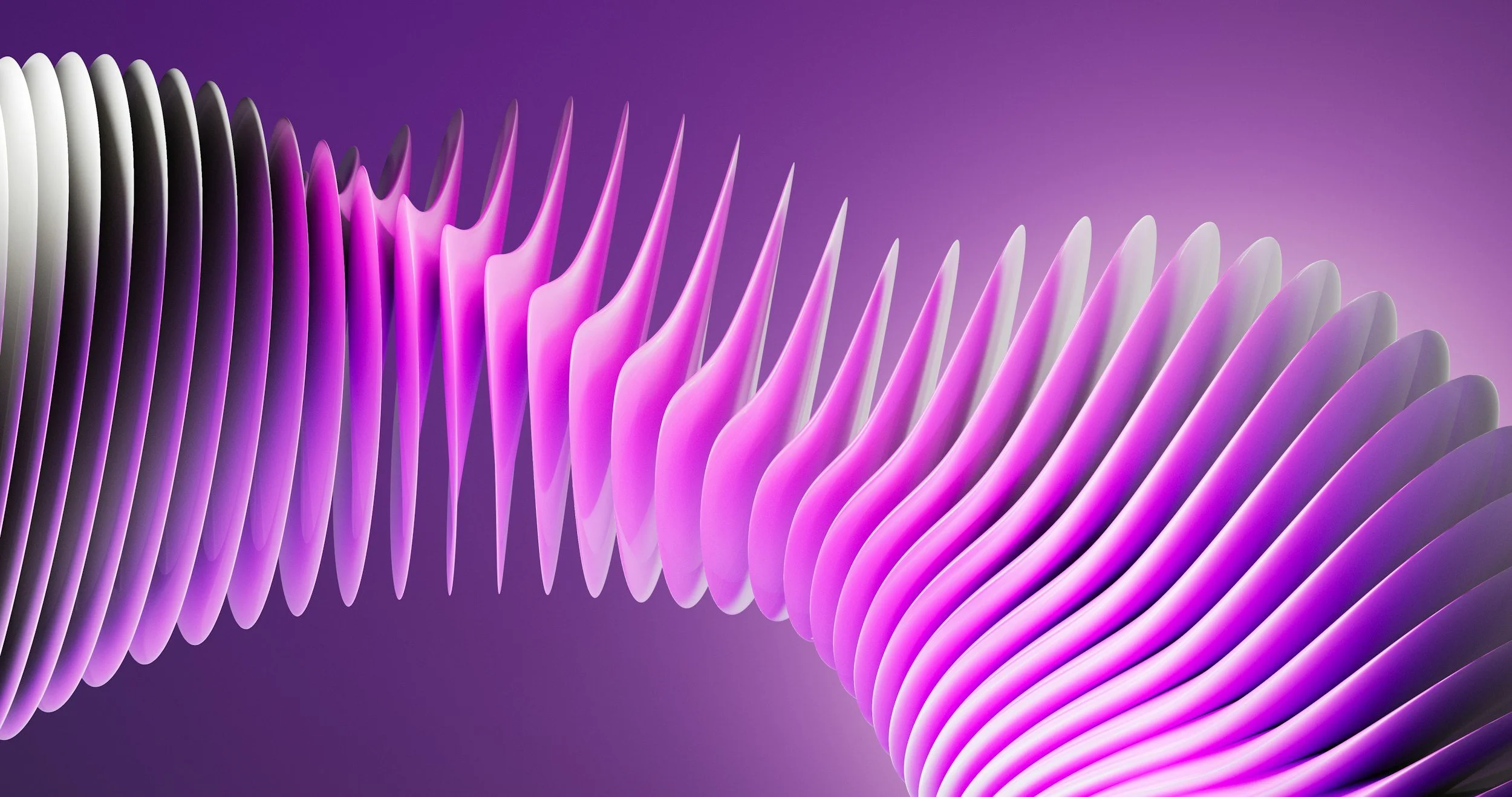 Abstract digital art showing wavy, ribbed shapes in shades of purple, pink, and white against a purple gradient background.