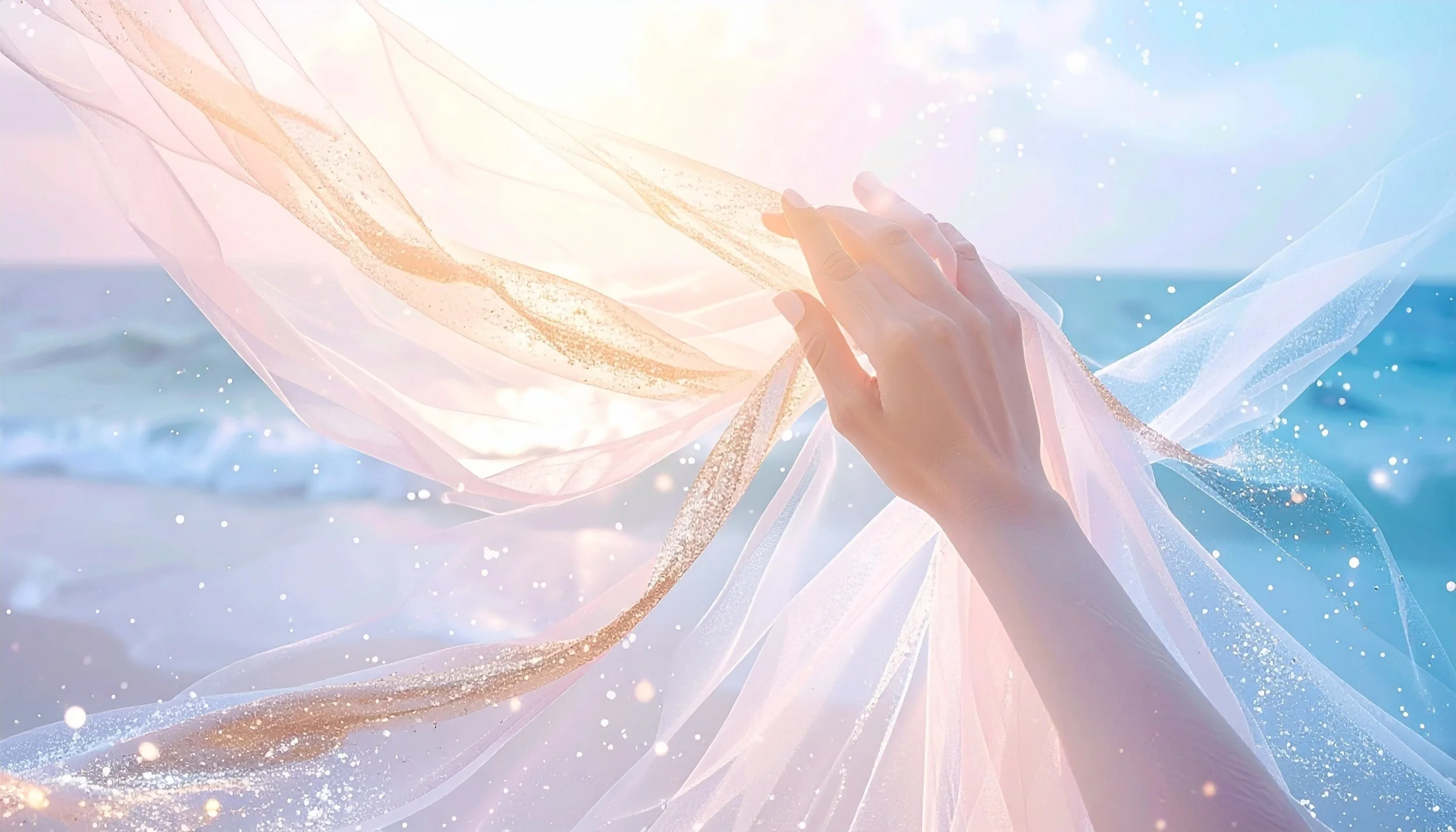 A hand holding semi-transparent, flowing fabric near the ocean with sunlight shining through, creating a dreamy atmosphere.