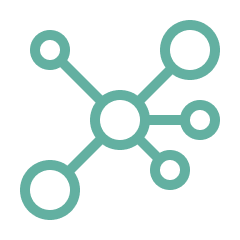 A network or molecular diagram with a central circle connected to six smaller circles by lines.