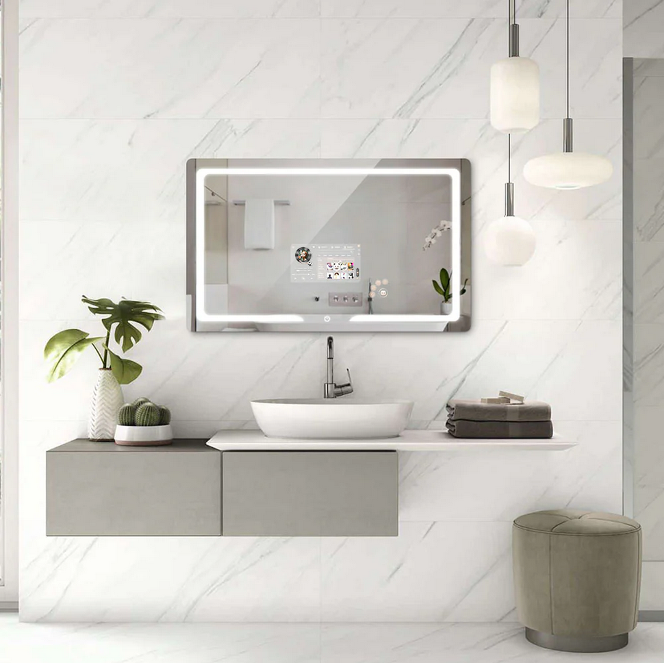 Luxury bathroom featuring a rectangular smart mirror with integrated LED technology, perfect for a designer project. A premium smart mirror solution by Smart Mirror Southeast Asia for hospitality and high-end residences.
