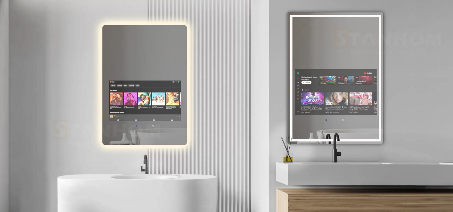 A designer bathroom with dual luxury smart mirror displays from Smart Mirror Southeast Asia, showcasing interactive technology with music and video apps for the ultimate hotel guest experience.