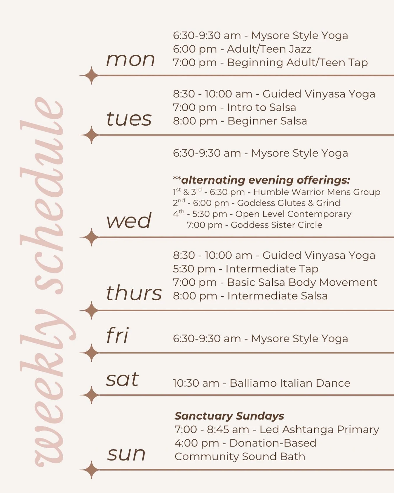 Our schedule is getting more joyful by the day! ✨ Come practice yoga in the mornings and dance in the evenings!

And we still have plenty of space for YOUR offerings and events! Our booking page will go live this week, but feel free to reach out via 